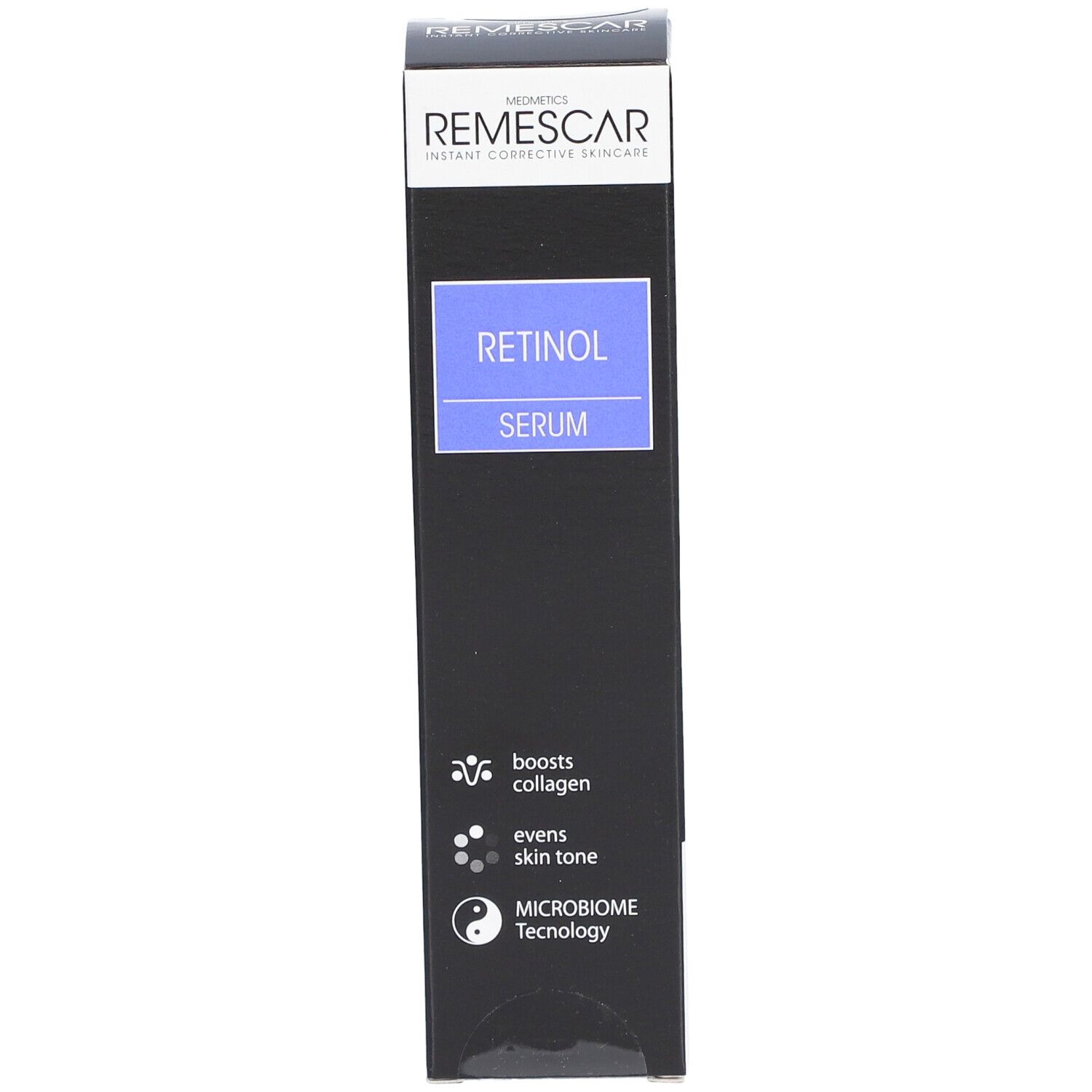 Zwarte verpakking met productinfo. Boven: "Remescar". Product: Retinol Serum.