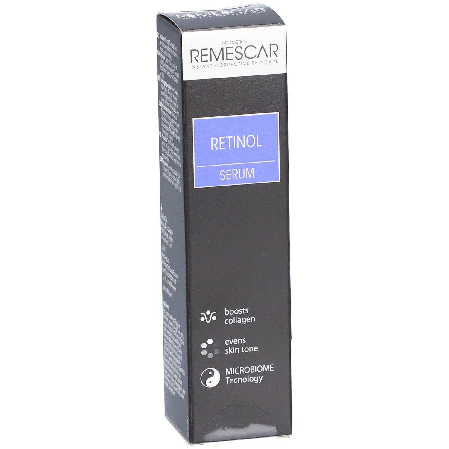 Zwarte verpakking met productinfo. Boven: "Remescar". Product: Retinol Serum.