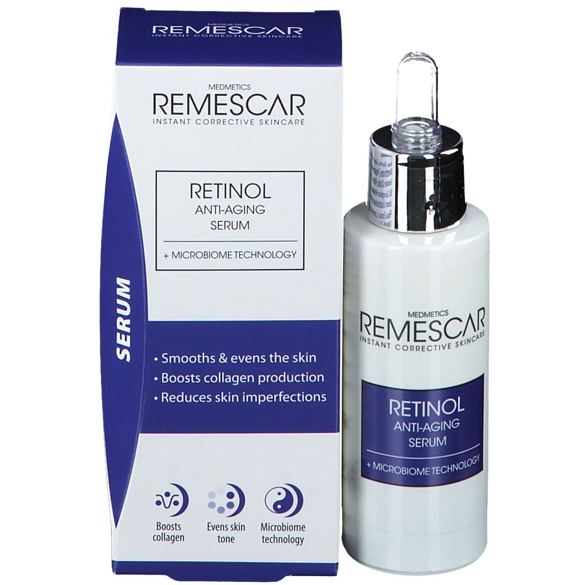 Productverpakking en fles. "Remescar" en "Retinol Anti-Aging Serum" zichtbaar. Bevat een pipet.