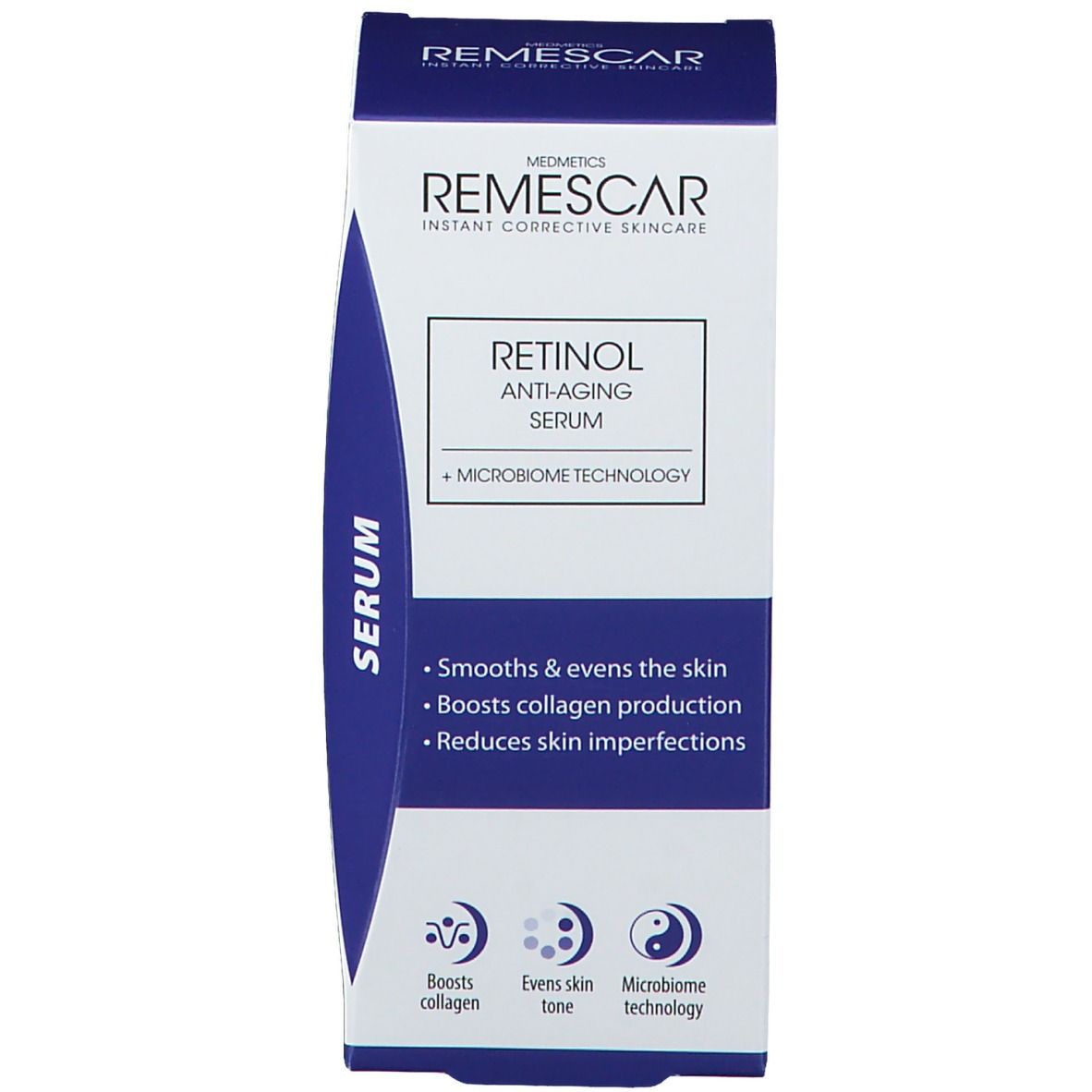 Productverpakking. "Remescar" en "Retinol Anti-Aging Serum" zichtbaar. Bevat productinformatie.