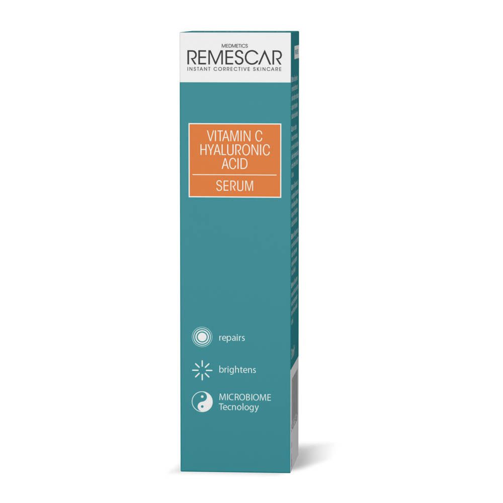 Kartonnen verpakking met serum. Opschrift: Vitamin C Hyaluronic Acid Serum. Merk: Remescar.