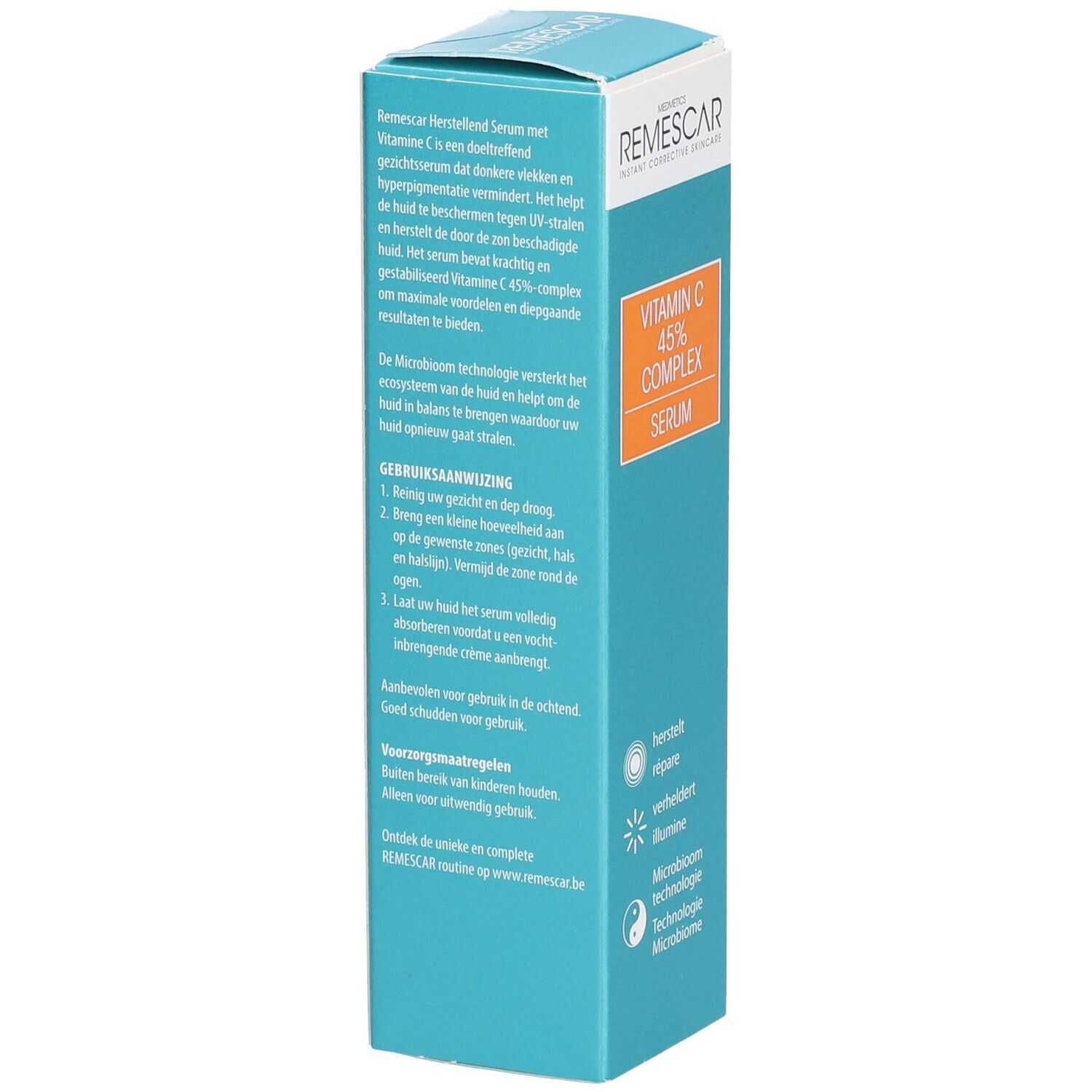 Achterkant van de serumverpakking. Tekst in het Nederlands. Merk: Remescar. Productnaam: Vitamin C 45% Complex Serum.