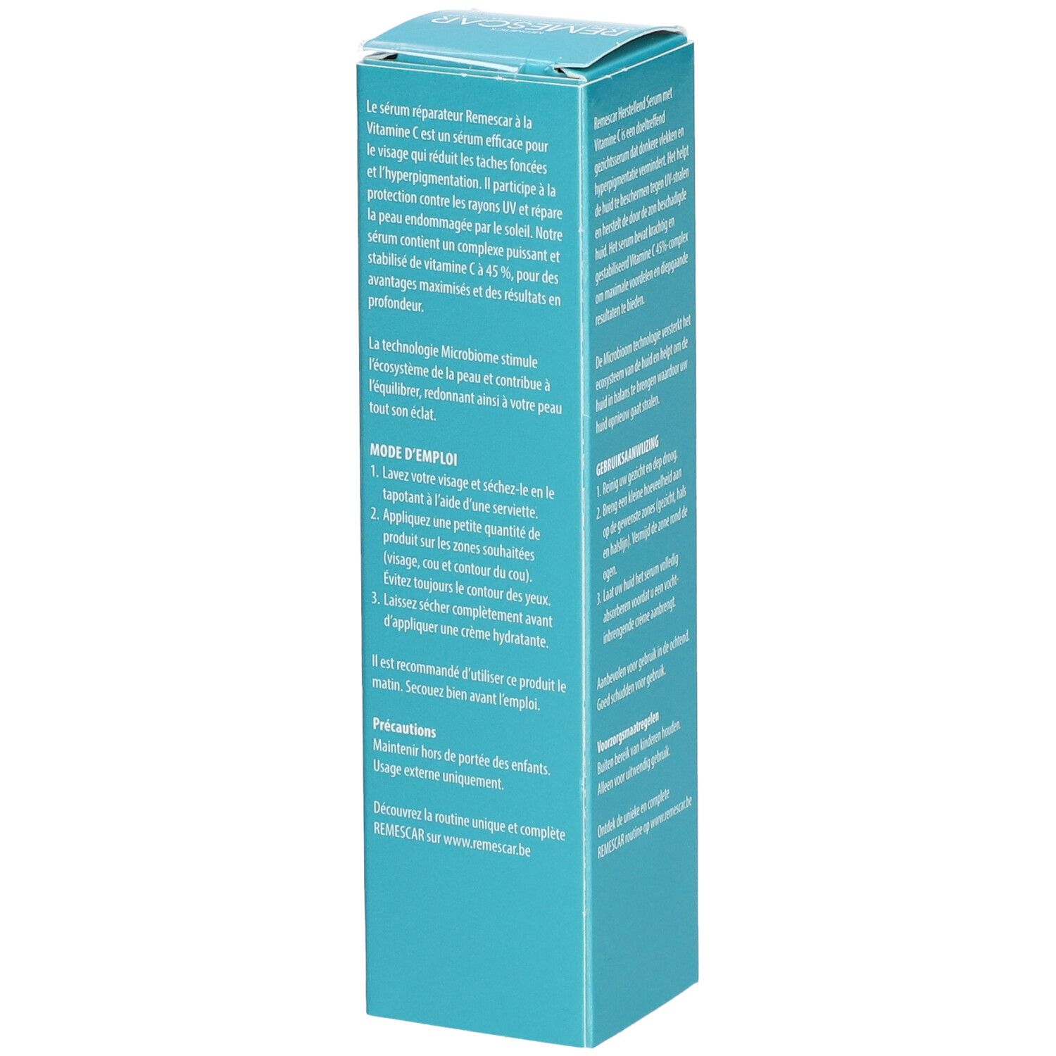 Zijkant van de serumverpakking. Tekst in het Frans. Merk: Remescar. Productnaam: Vitamin C 45% Complex Serum.