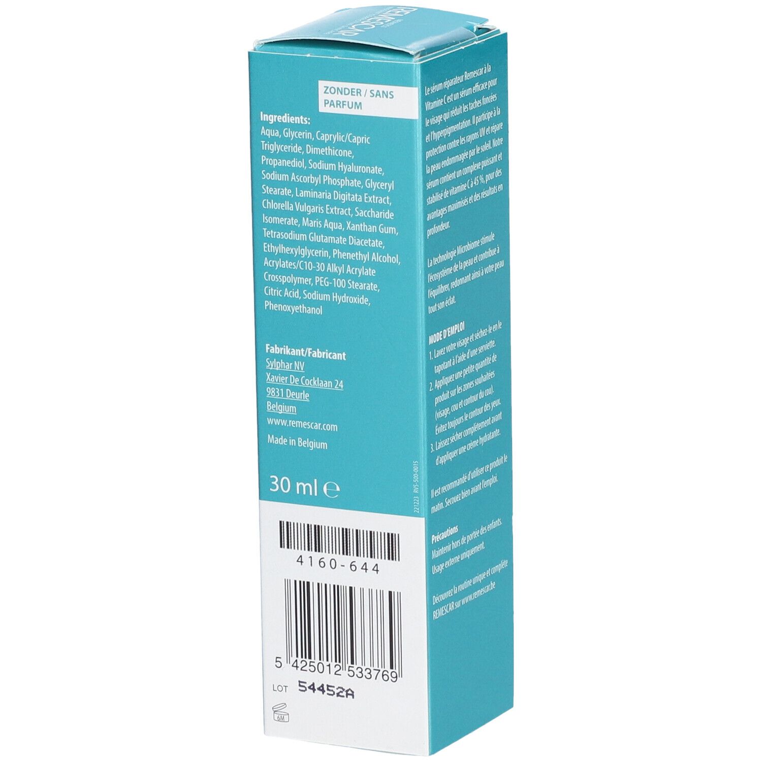 Achterkant van de serumverpakking. Tekst in het Nederlands. Merk: Remescar. Productnaam: Vitamin C 45% Complex Serum.