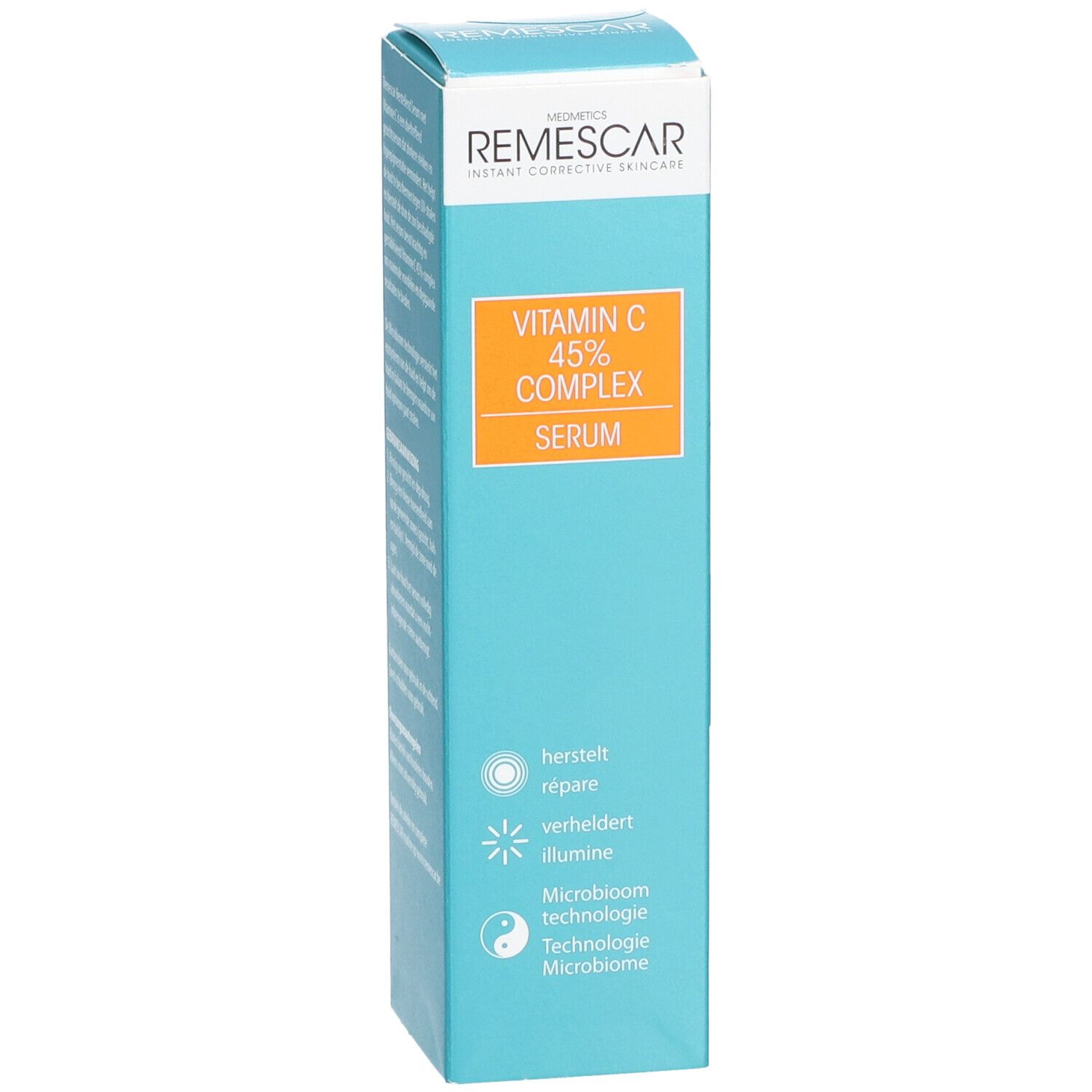 Kartonnen verpakking met serum. Opschrift: Vitamin C 45% Complex Serum. Merk: Remescar.