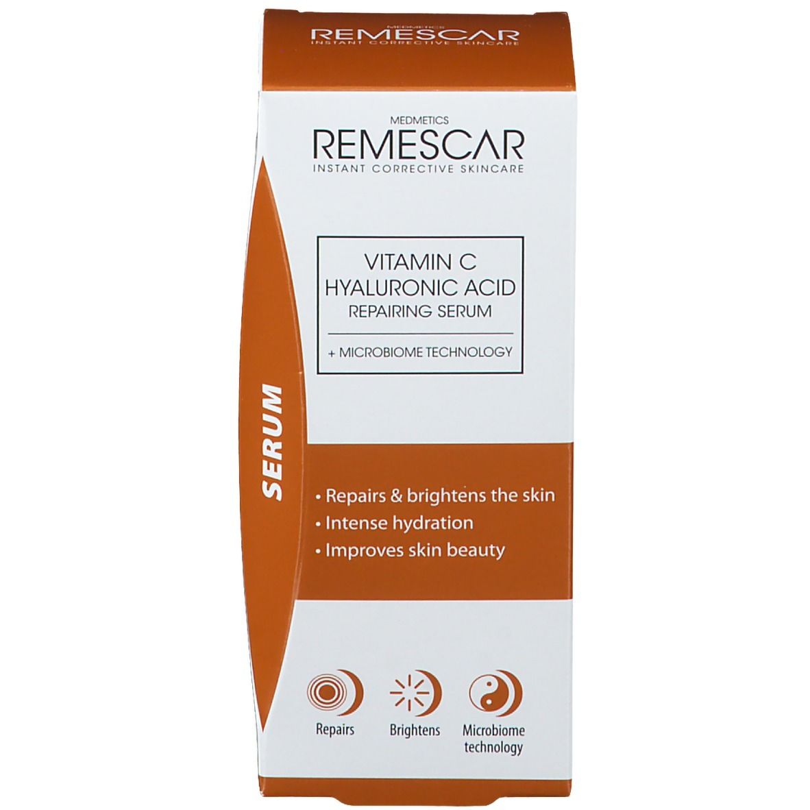 Serumfles en verpakking. Opschrift: Vitamin C Hyaluronic Acid Repairing Serum. Merk: Remescar.