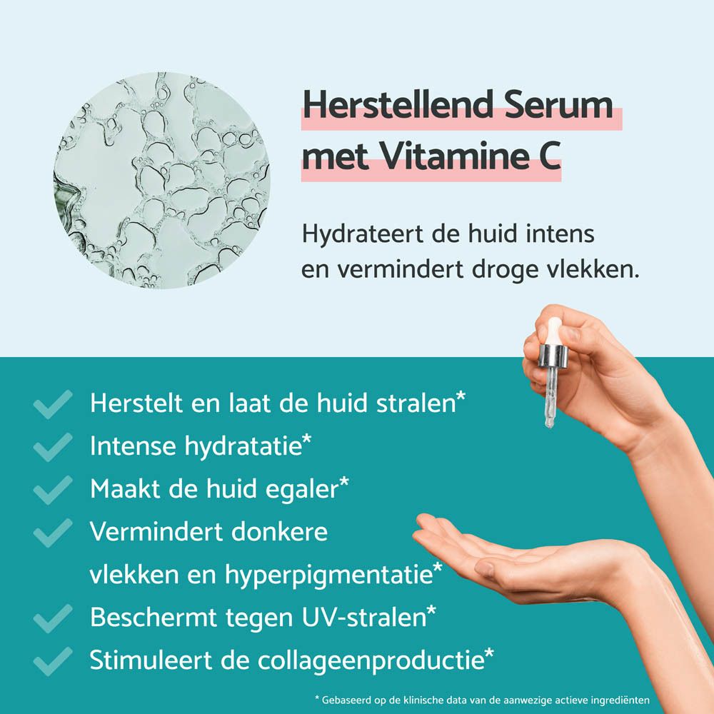 Handen houden een serumfles. Tekst in het Nederlands. Merk: Remescar. Productnaam: Vitamin C Serum.