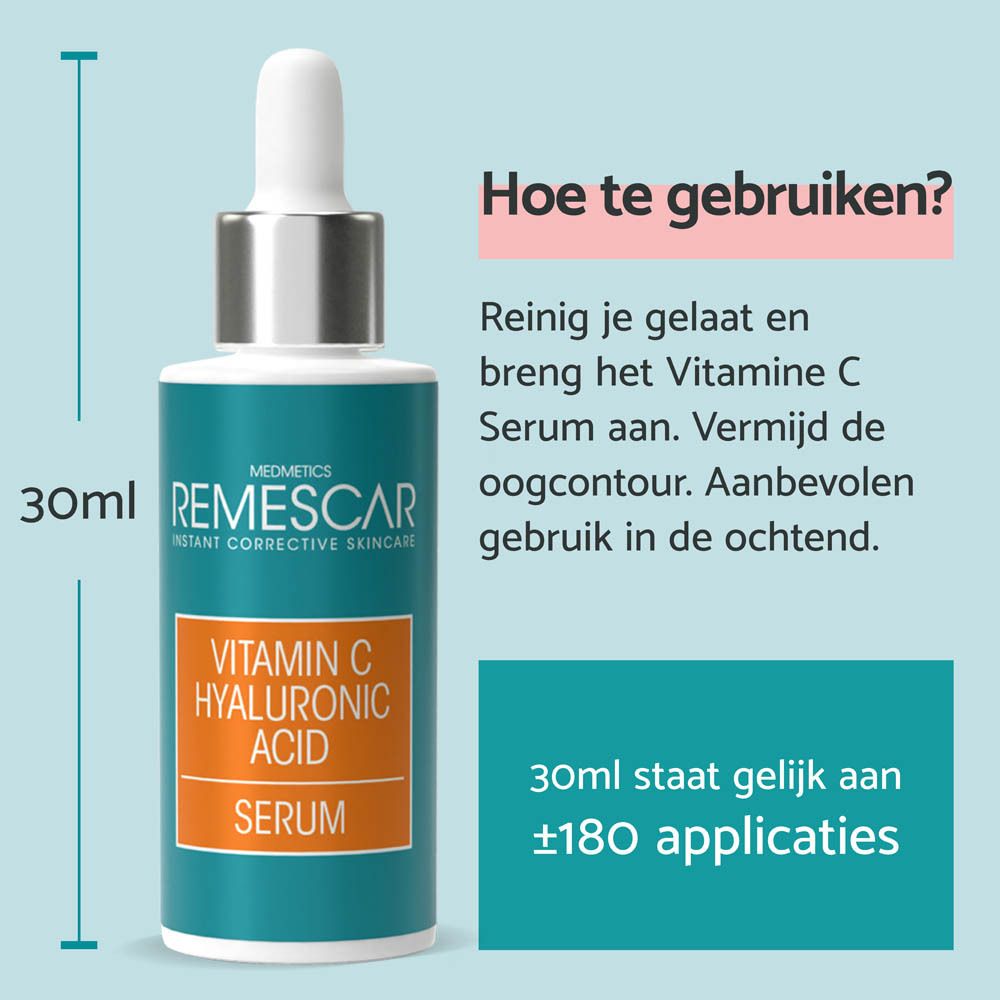 Serumfles en verpakking. Opschrift: Vitamin C Hyaluronic Acid Serum. Merk: Remescar. 30ml.