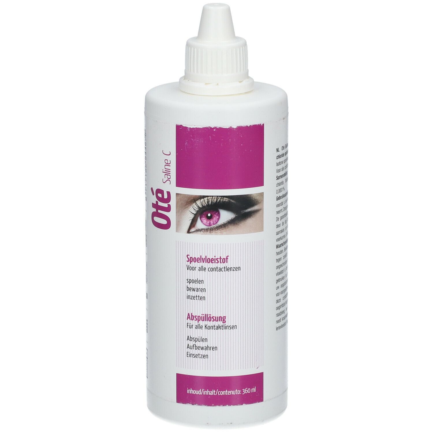 Witte fles met roze etiket. Opschrift: Oté Saline C. Afbeelding van een oog. Tekst in het Nederlands en Duits.