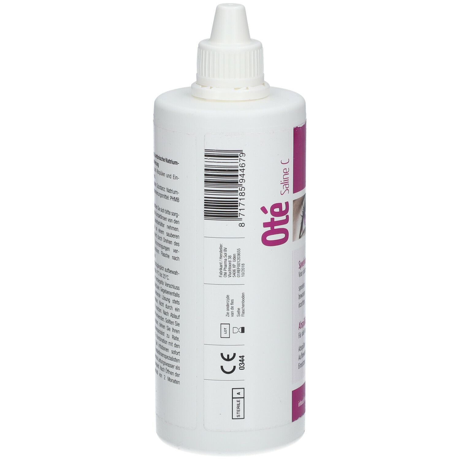 Witte fles met tekst en barcode. Opschrift: Oté Saline C. CE-markering. Tekst in het Nederlands en Duits.