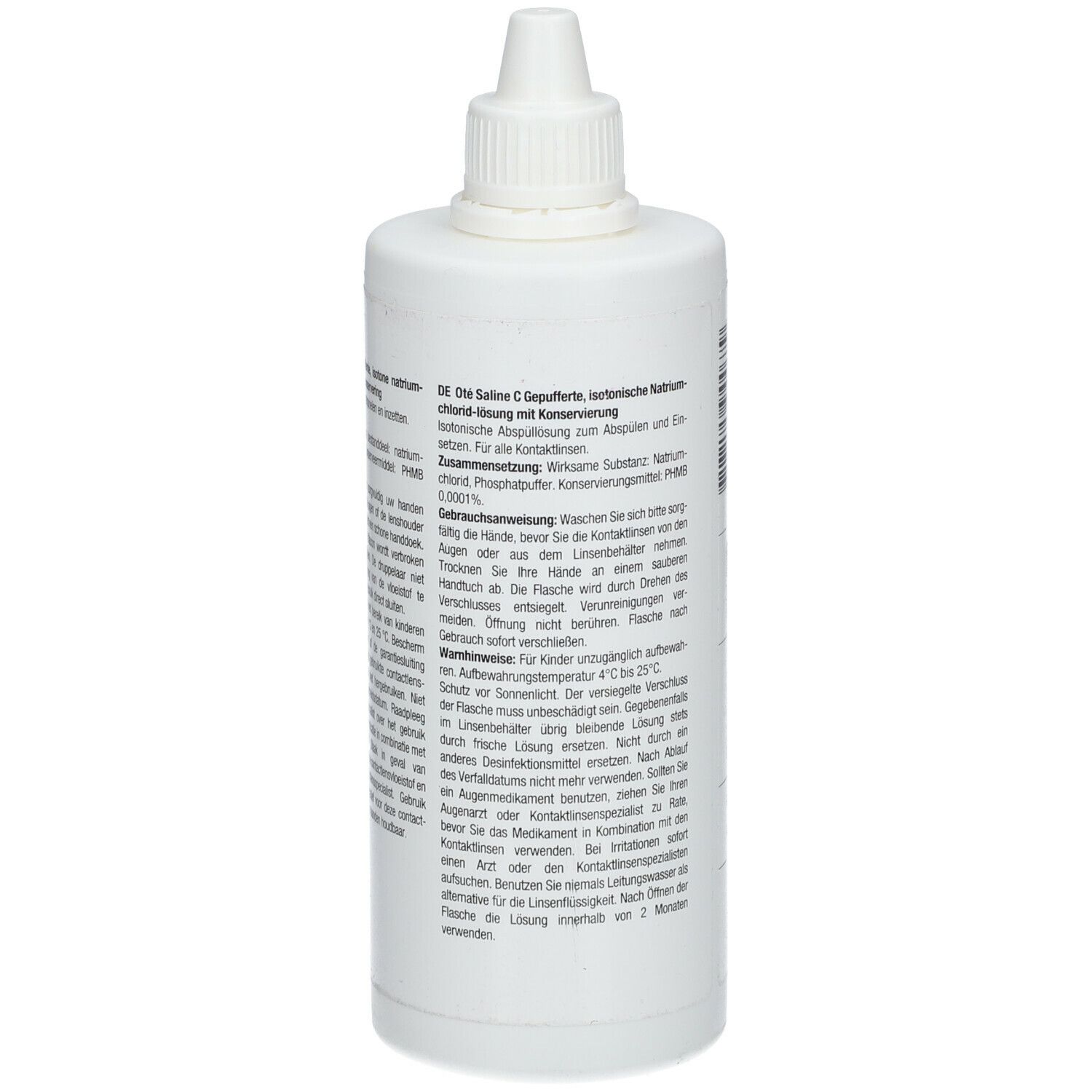 Witte fles met tekst. Opschrift: Oté Saline C. Tekst in het Nederlands en Duits. Gebruiksaanwijzing en ingrediënten.
