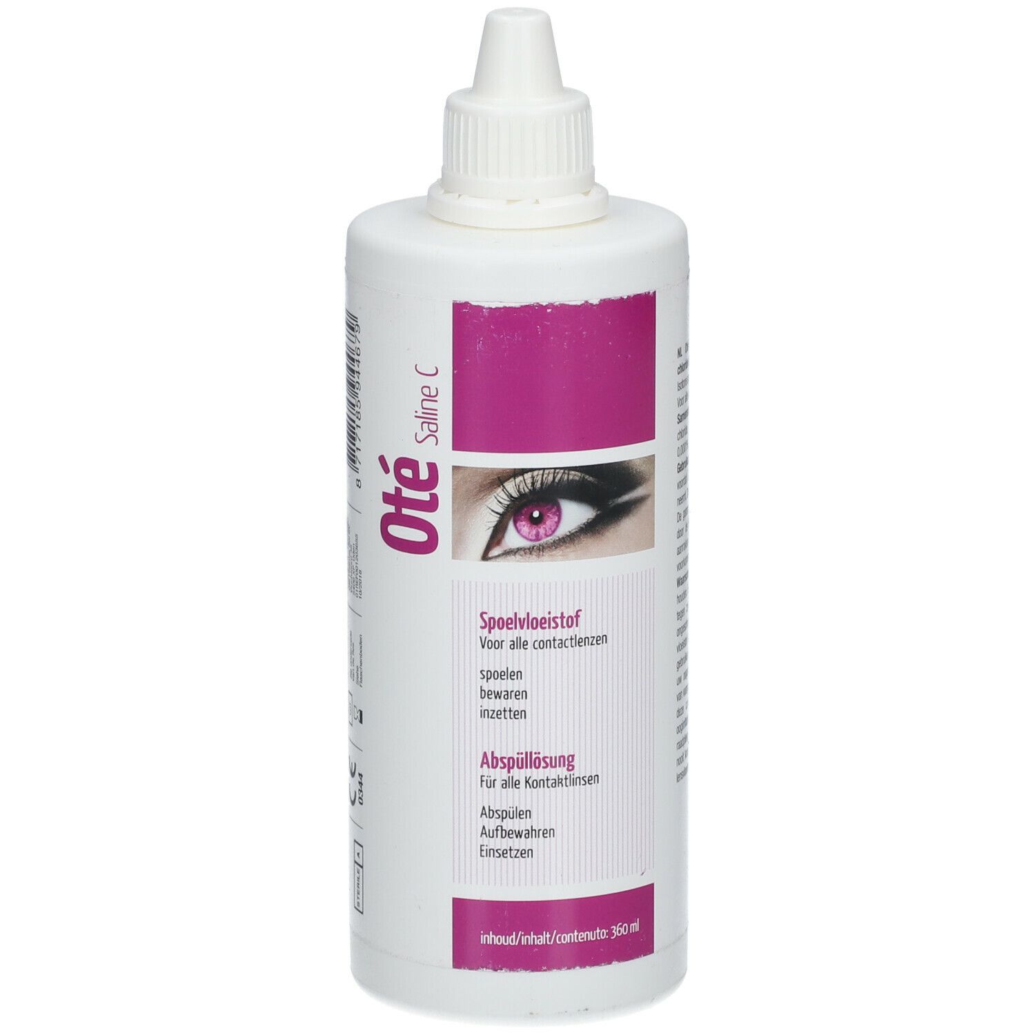 Witte fles met roze etiket. Opschrift: Oté Saline C. Afbeelding van een oog. Tekst in het Nederlands en Duits.