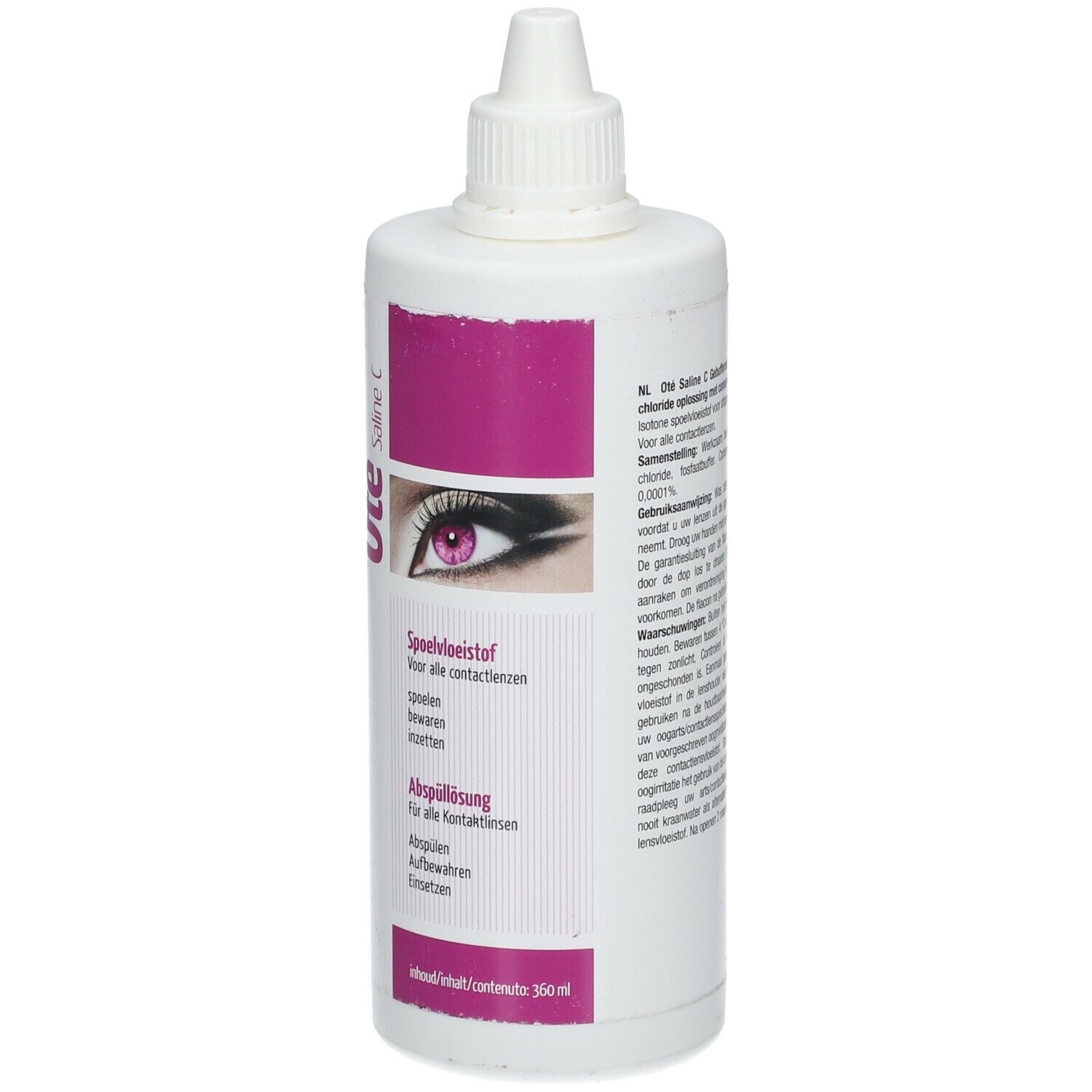 Witte fles met roze etiket. Opschrift: Oté Saline C. Afbeelding van een oog. Tekst in het Nederlands en Duits.
