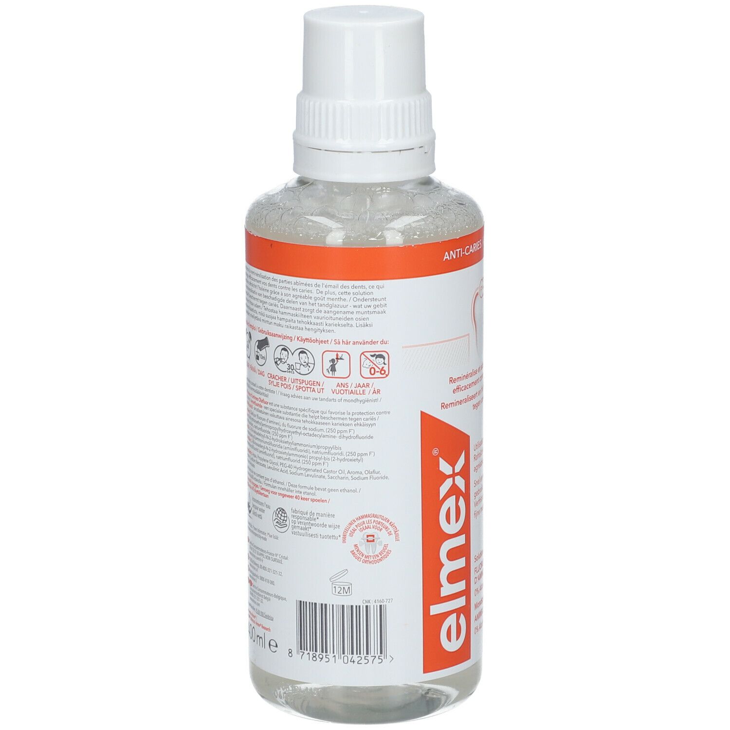 Rückseite der Zahnspülung-Flasche. Text in mehreren Sprachen. Elmex-Logo und Barcode.