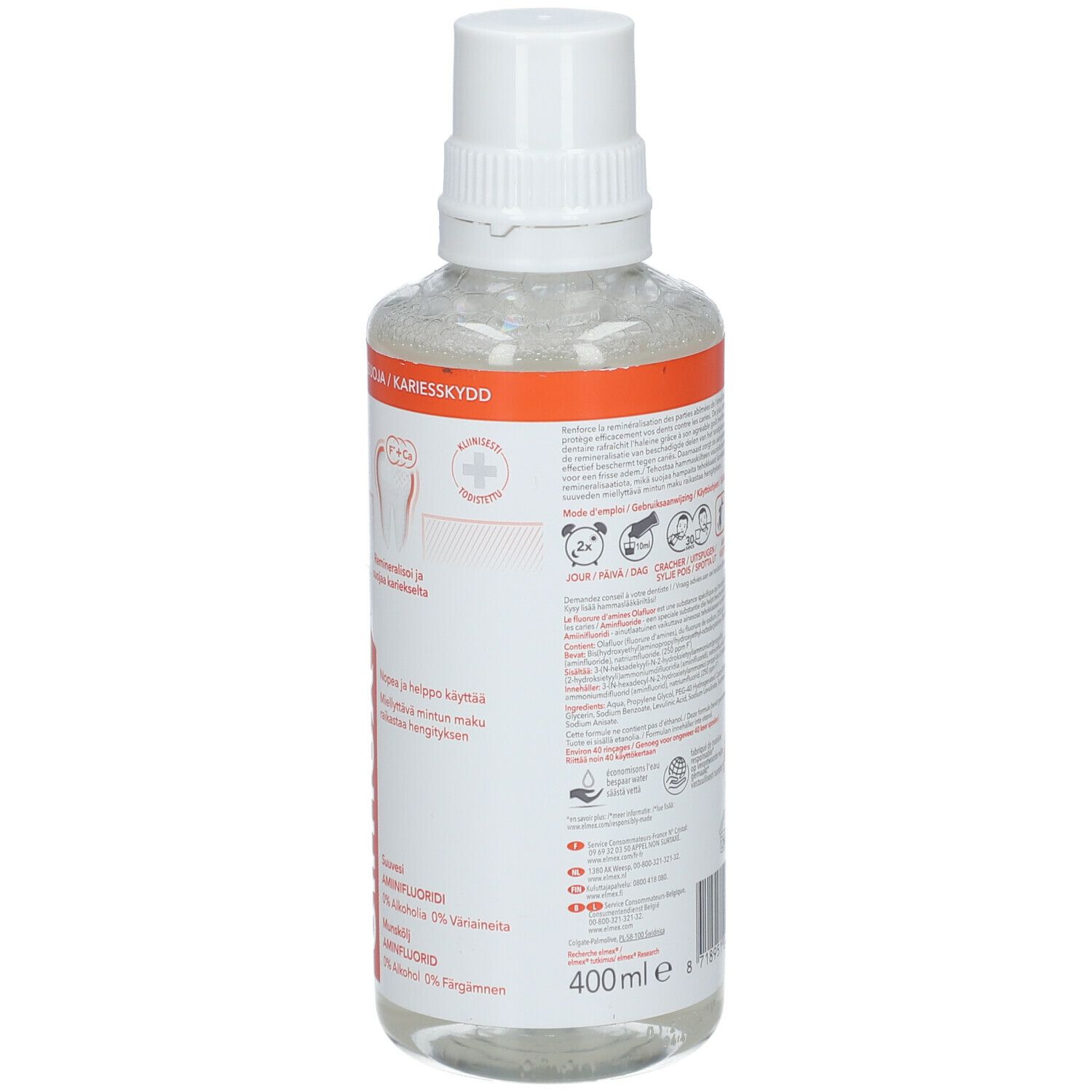 Rückseite der Zahnspülung-Flasche. Text in mehreren Sprachen. Elmex-Logo und Volumenangabe.