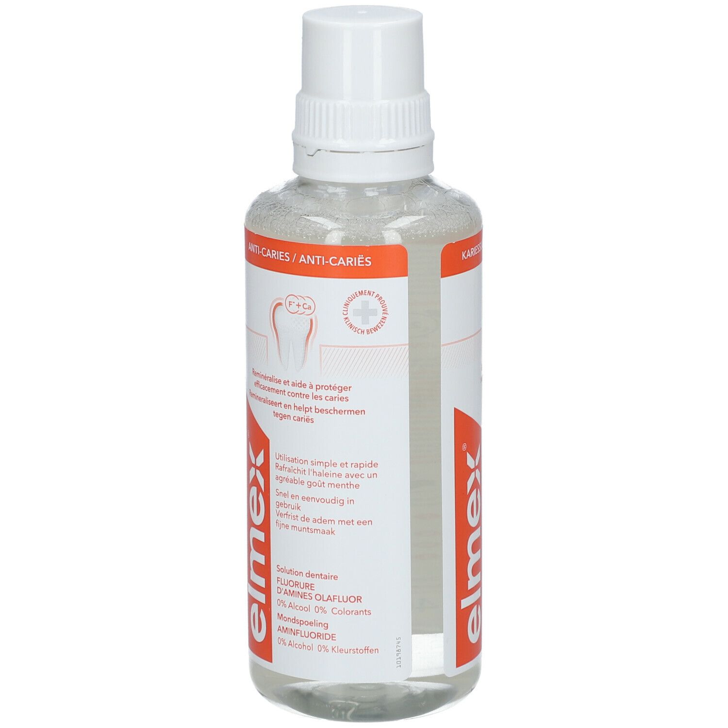 Zahnspülung-Flasche. Weißer Deckel, transparente Flüssigkeit. Orangefarbene Etiketten mit Text und Logo.