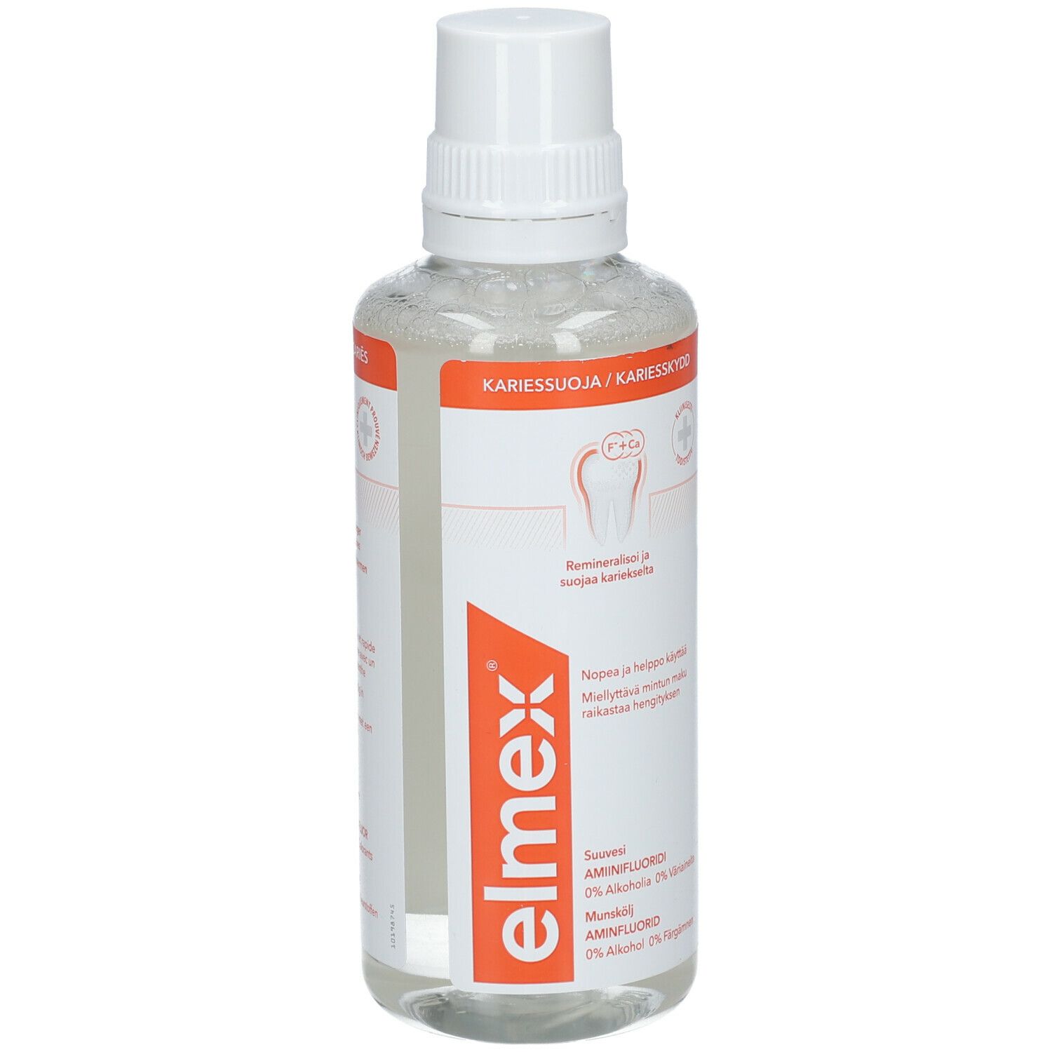 Zahnspülung-Flasche. Weißer Deckel, transparente Flüssigkeit. Orangefarbene Etiketten mit Text und Logo.
