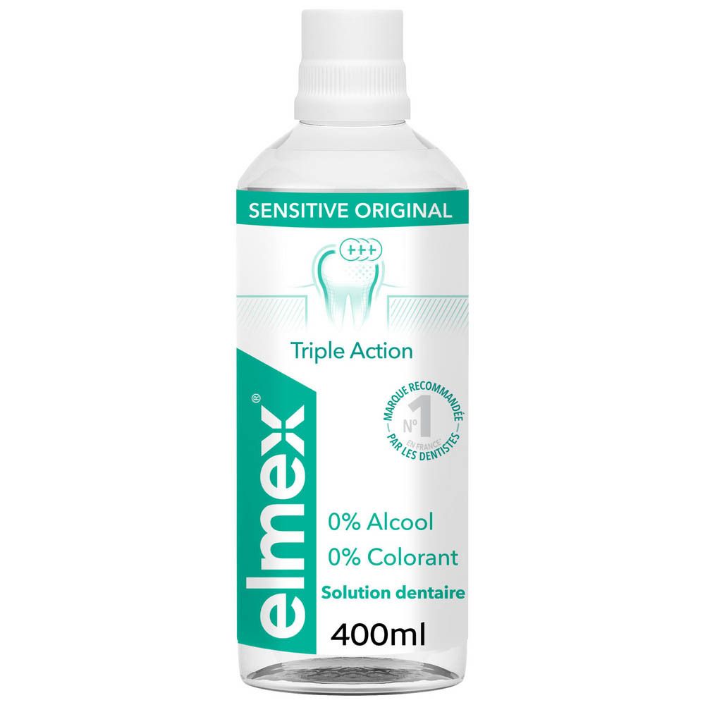 Bain de bouche Elmex Sensitive Original. Bouteille avec bouchon blanc. Inscription : Sensitive Original.