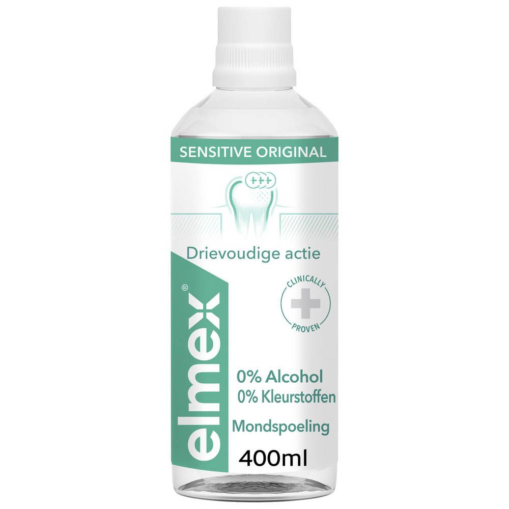 Elmex Sensitive Original mondspoeling. Fles met witte dop. Opschrift: Sensitive Original.