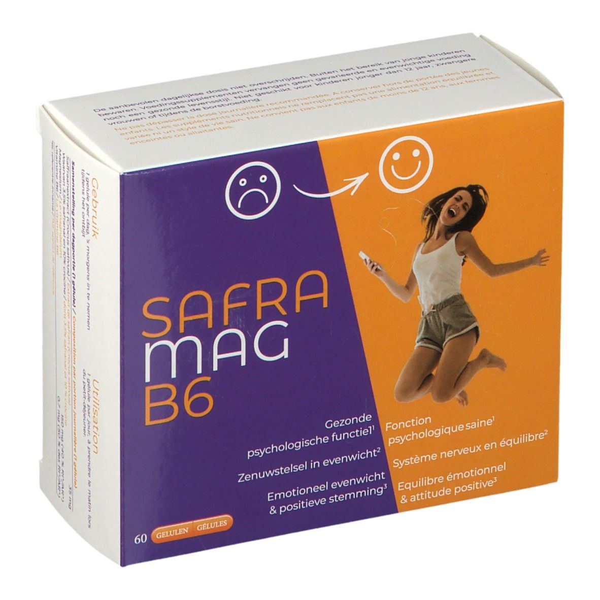 Verpakking van SafraMag B6. Paars en oranje ontwerp met productnaam en springende vrouw. Bevat 60 capsules.