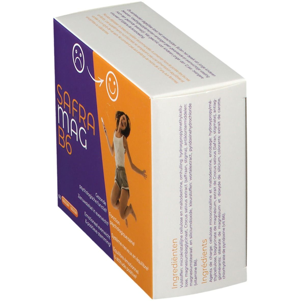 SafraMag B6-verpakking, schuin van bovenaf. Paars en oranje ontwerp met productnaam en springende vrouw. Tekst op de zijkant.