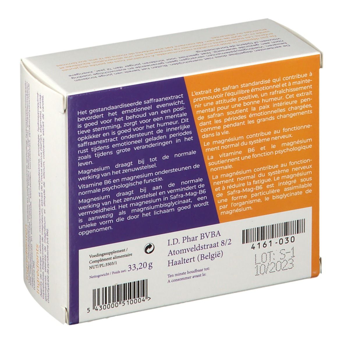 Achterkant van de SafraMag B6-verpakking. Paars en wit met tekst. Bevat informatie over ingrediënten en fabrikant.