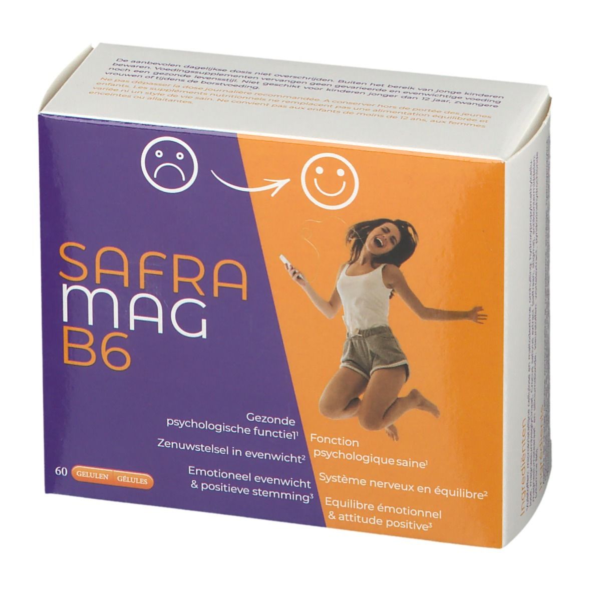 Verpakking van SafraMag B6. Paars en oranje ontwerp met productnaam en springende vrouw. Bevat 60 capsules.