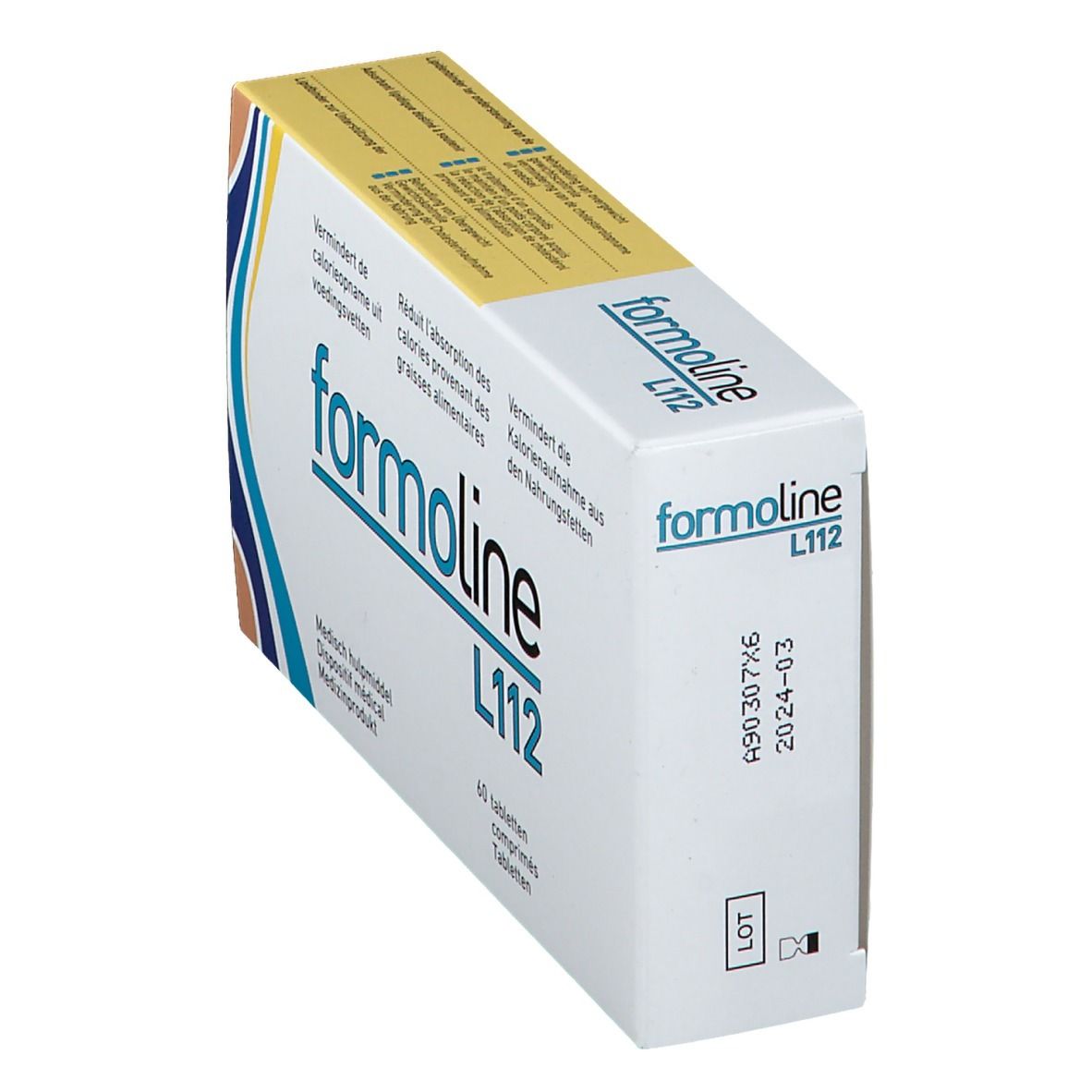 Boîte de Formoline L112, en biais. Carton blanc avec accents bleus et jaunes. Inscription : Formoline L112, 60 comprimés. Date.