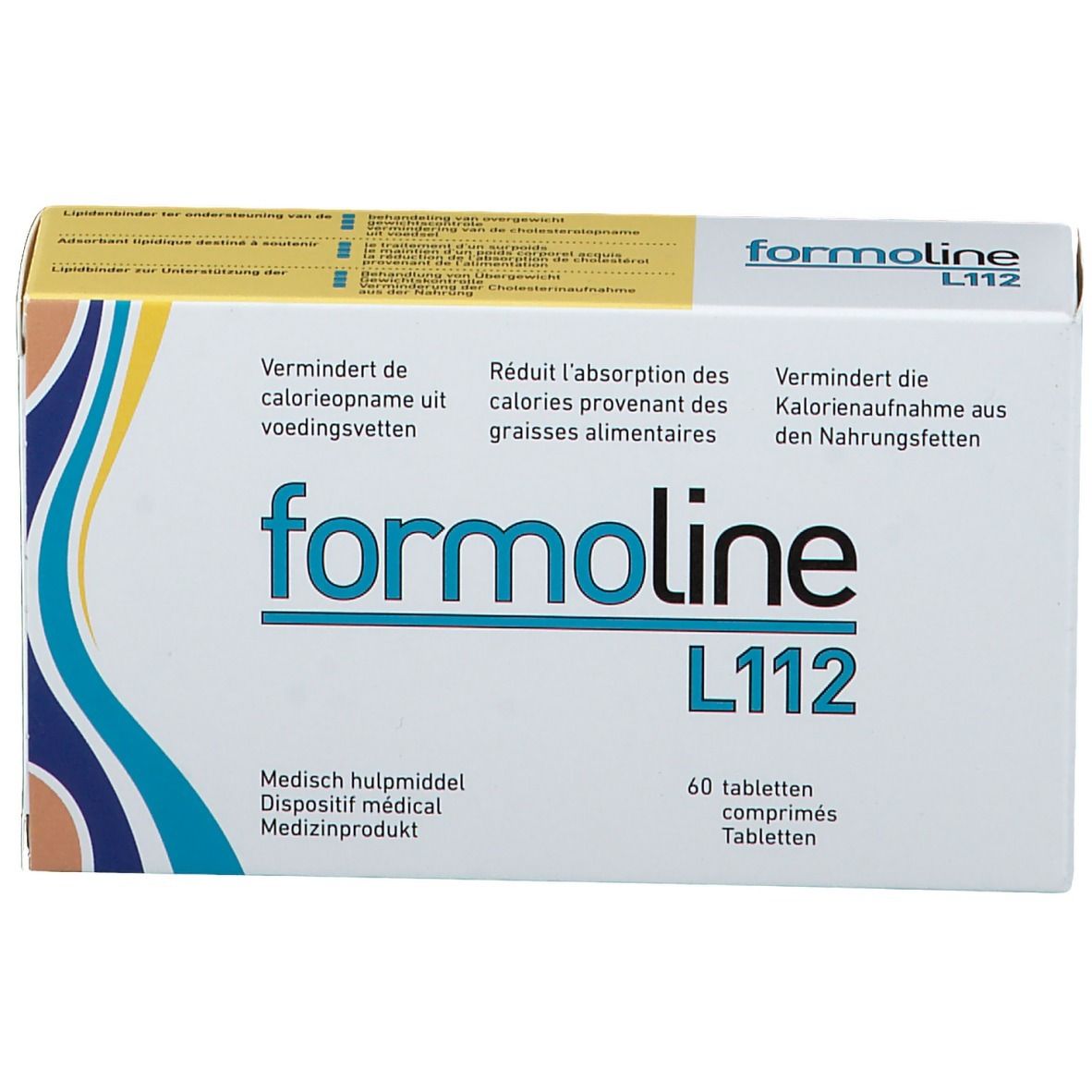 Boîte de Formoline L112. Carton blanc avec accents bleus et jaunes. Inscription : Formoline L112, 60 comprimés. Textes multilingues.