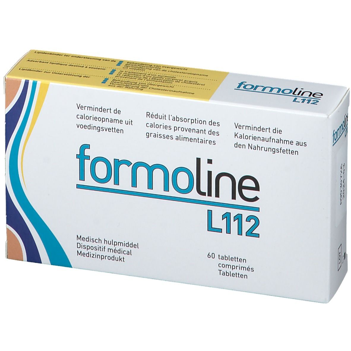 Boîte de Formoline L112. Carton blanc avec accents bleus et jaunes. Inscription : Formoline L112, 60 comprimés. Textes multilingues.