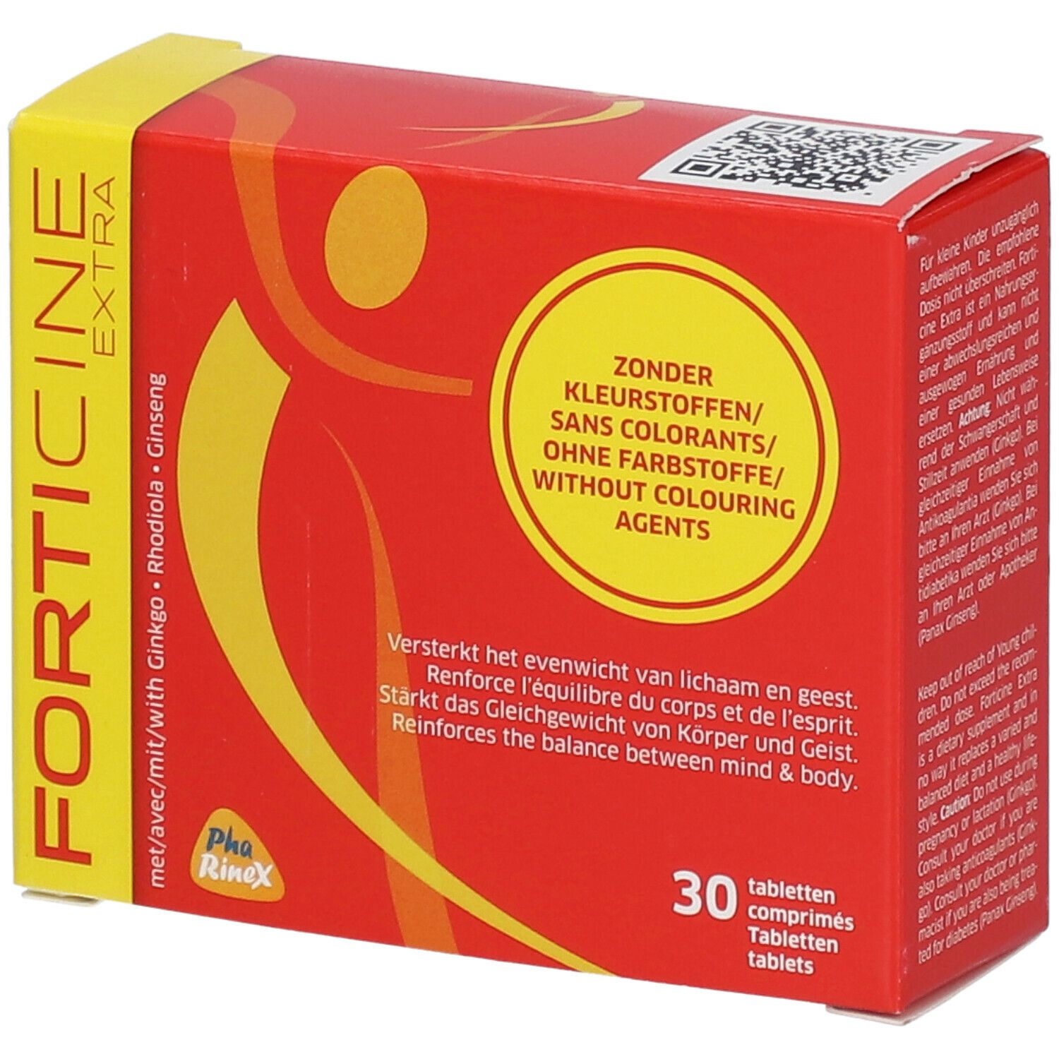 Boîte rouge "Forticine Extra". Inscription "Zonder kleurstoffen". Contient 30 comprimés. Éléments jaunes et oranges.