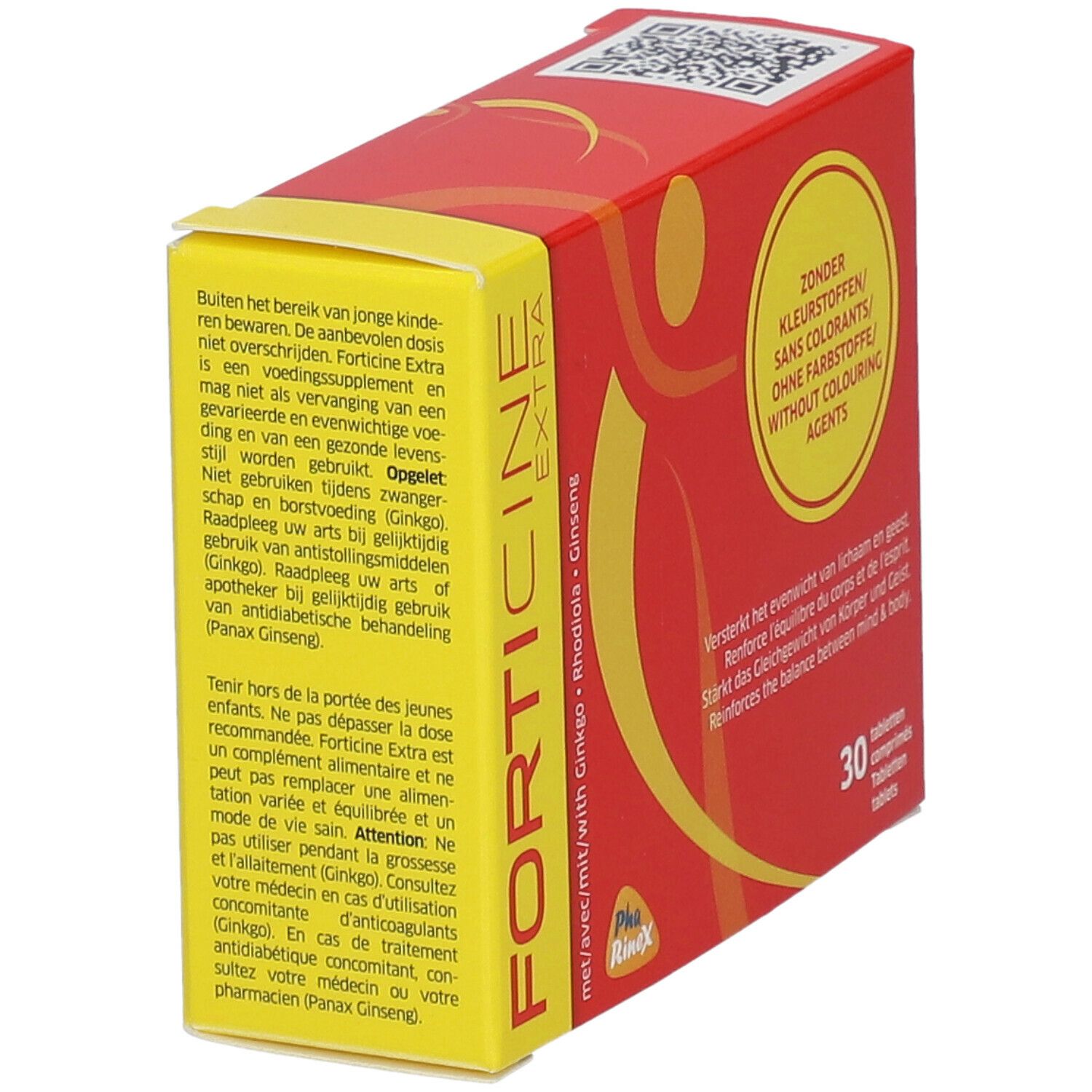 Boîte rouge "Forticine Extra" avec couvercle jaune. Inscription "Zonder kleurstoffen". Contient 30 comprimés. Vue latérale.