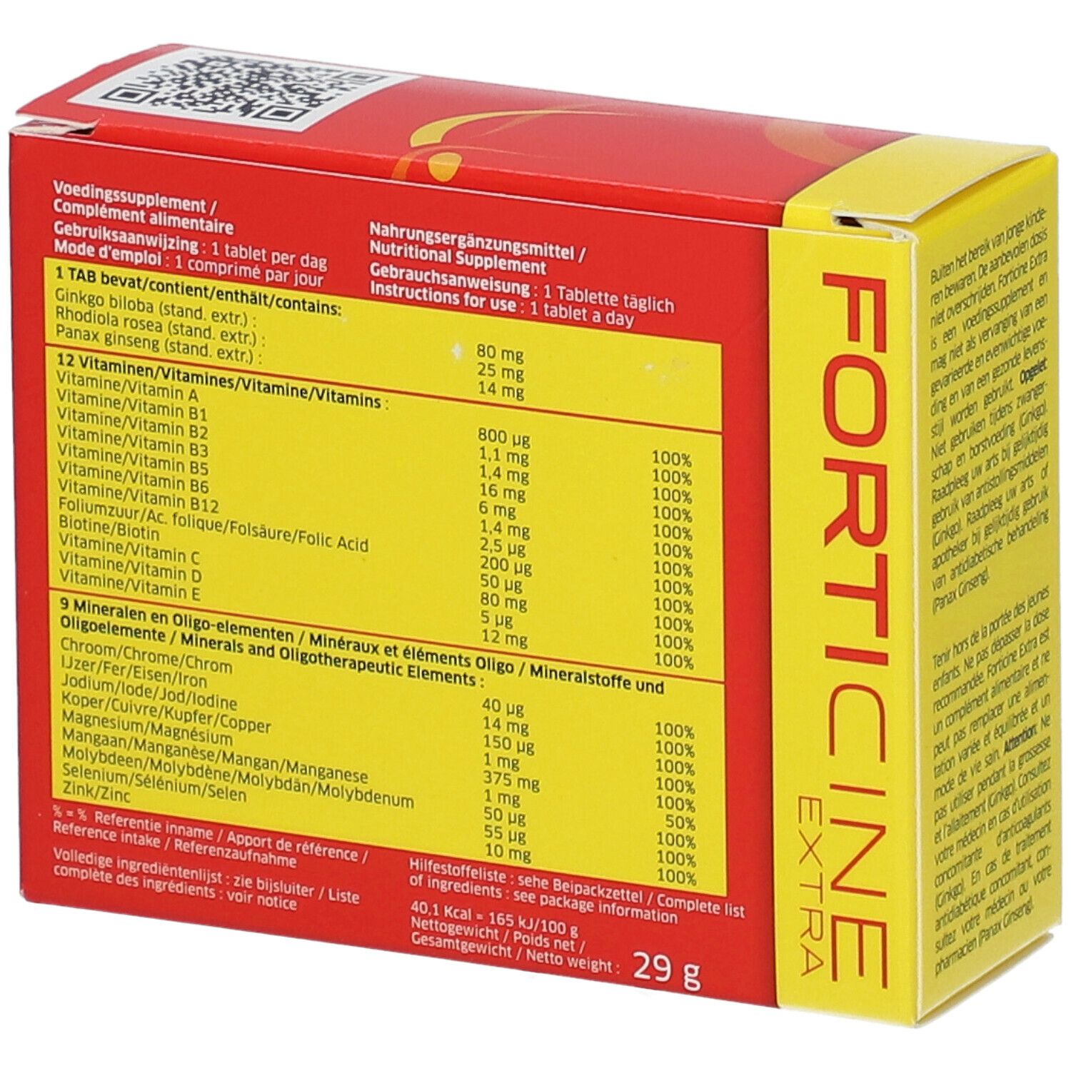 Boîte rouge "Forticine Extra". Dos avec informations nutritionnelles. Contient 30 comprimés. Couvercle jaune.