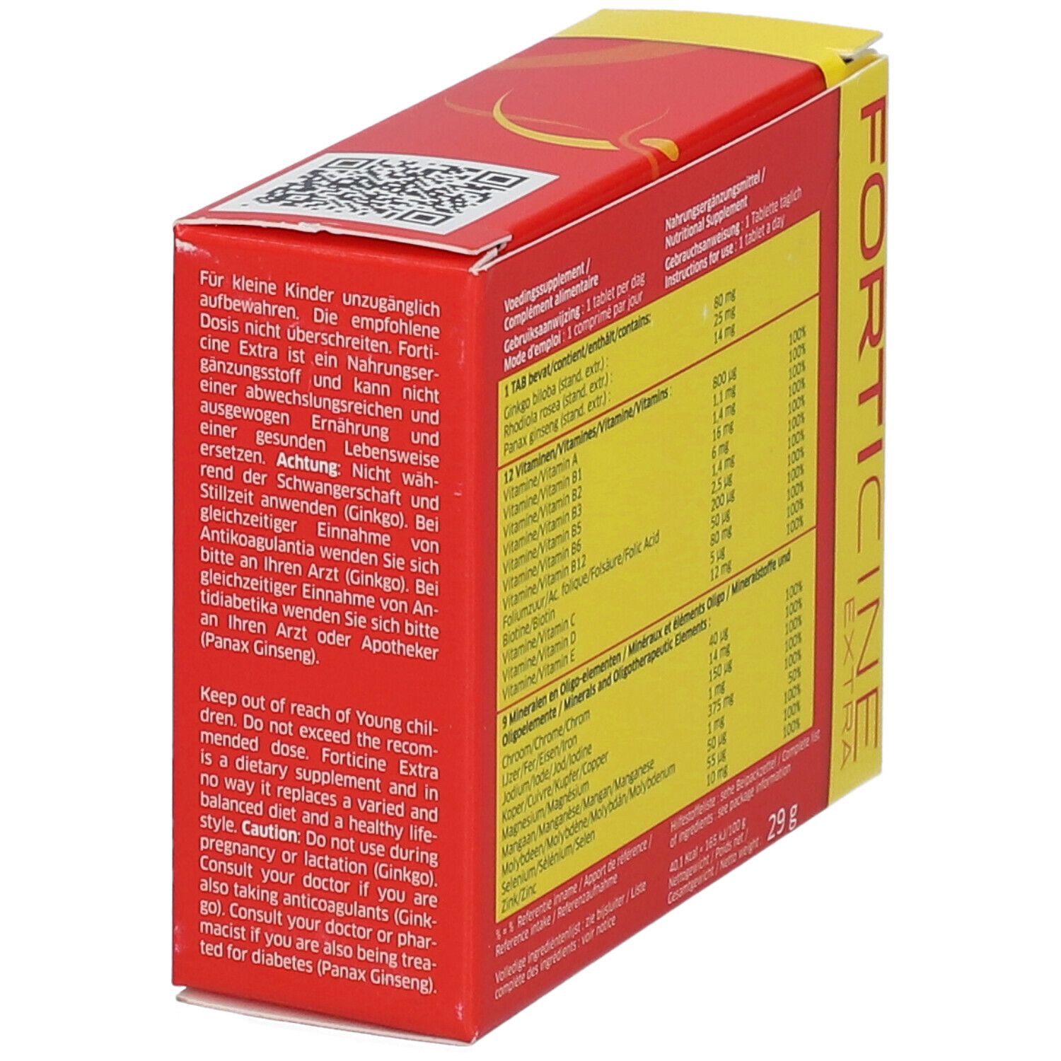 Boîte rouge "Forticine Extra". Dos avec avertissements et informations nutritionnelles. Couvercle jaune. Contient 30 comprimés.
