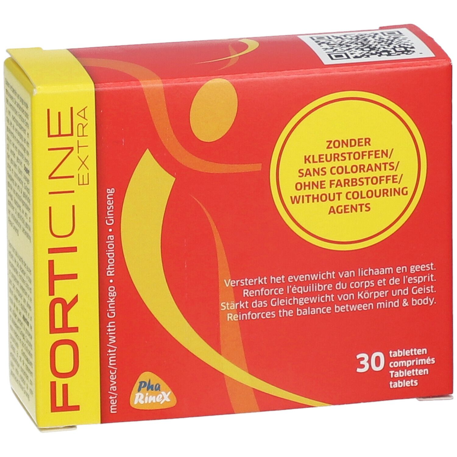 Boîte rouge "Forticine Extra". Inscription "Zonder kleurstoffen". Contient 30 comprimés. Éléments jaunes et oranges.