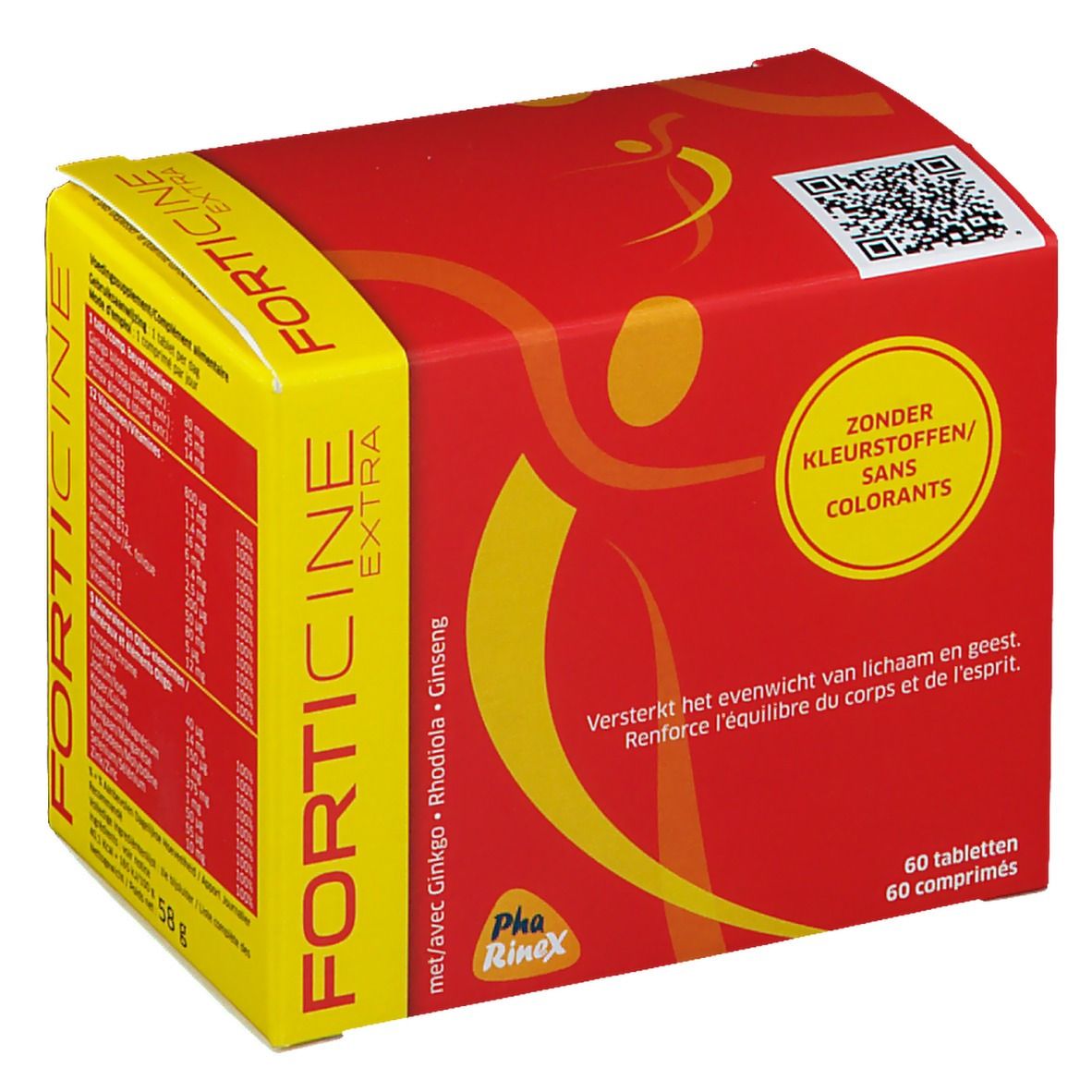 Rode en gele doos met productnaam en tekst. Bevat 60 tabletten. QR-code en logo.