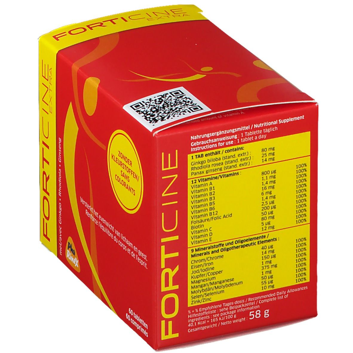 Rode en gele doos met productinformatie. Bevat 60 tabletten. QR-code en logo.