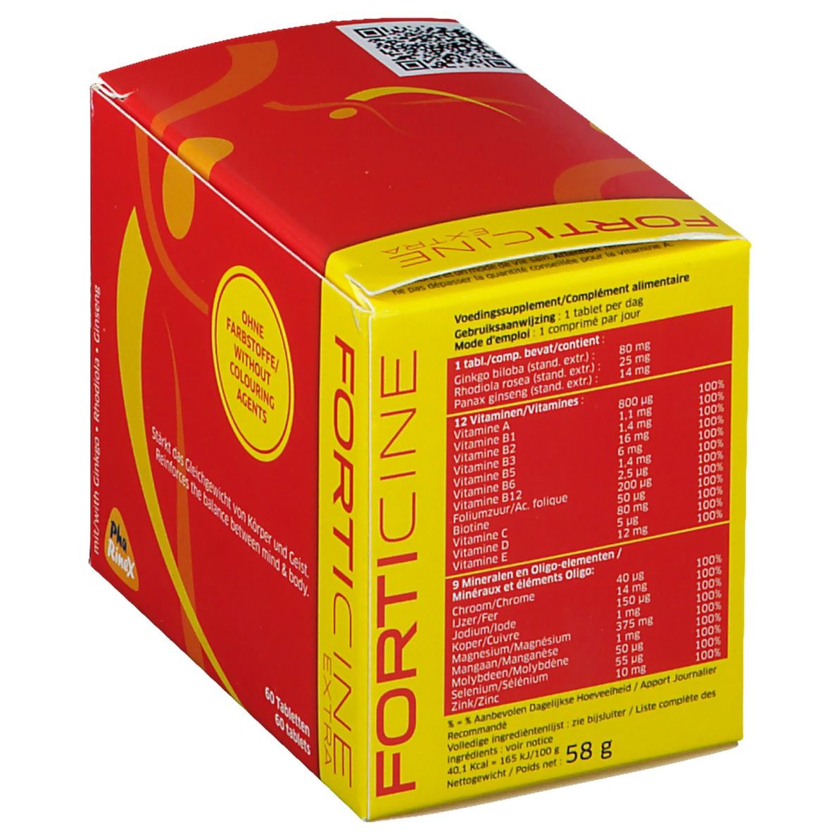 Rode en gele doos met productinformatie. Bevat 60 tabletten. QR-code en logo.