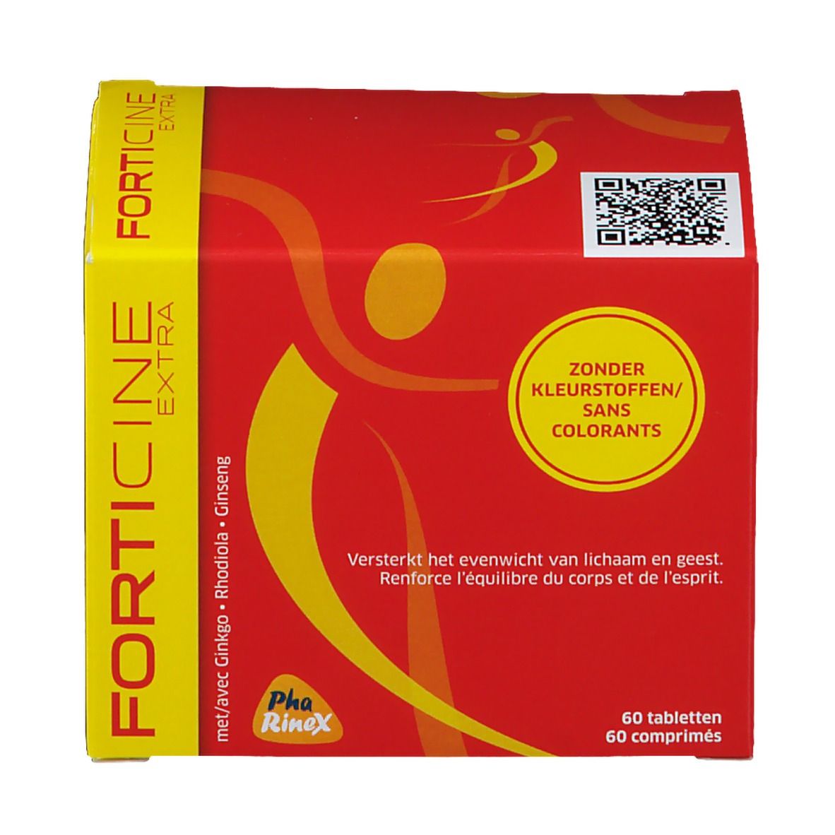 Rode en gele doos met productnaam en tekst. Bevat 60 tabletten. QR-code en logo.