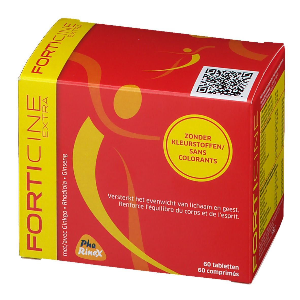 Rode en gele doos met productnaam en tekst. Bevat 60 tabletten. QR-code en logo.