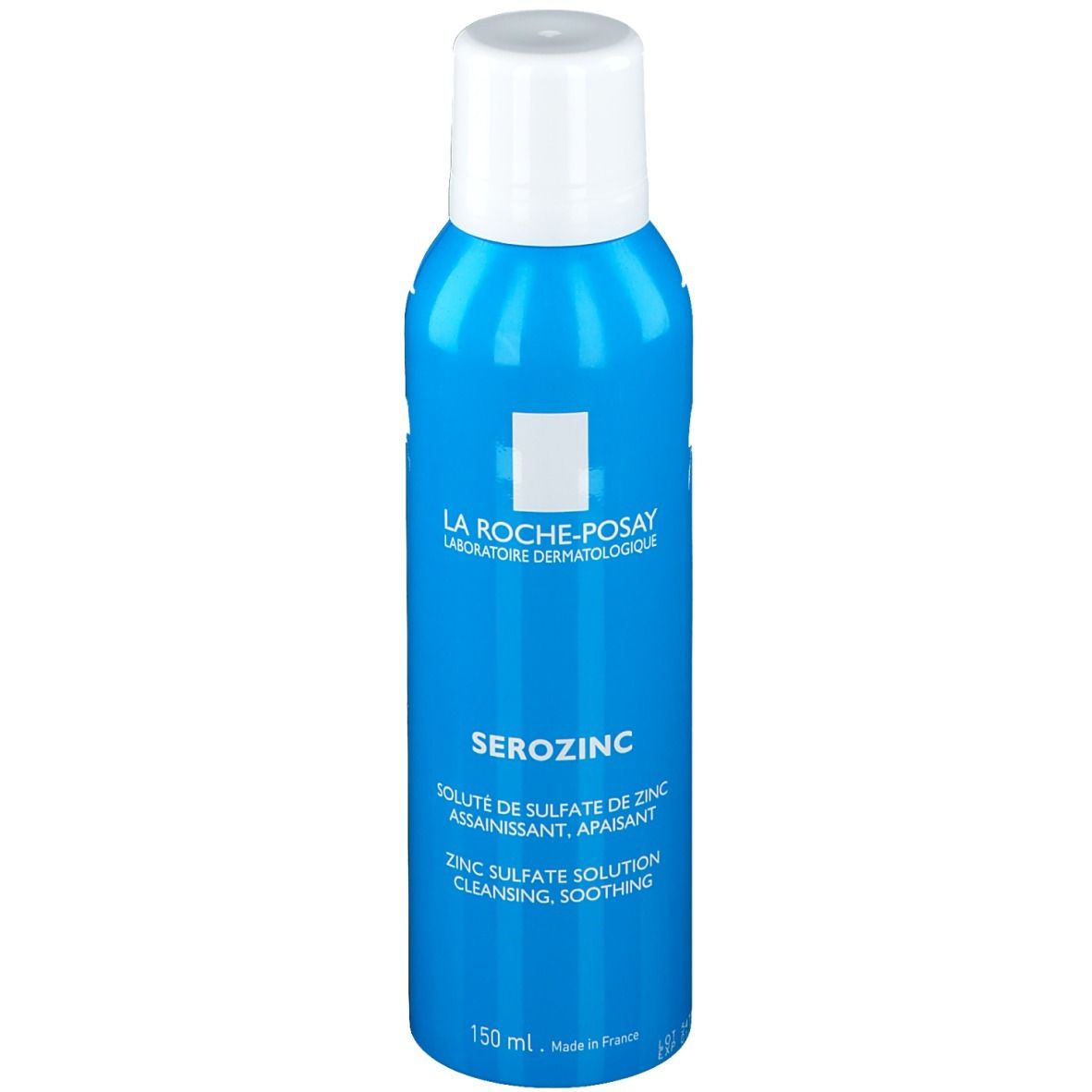 Flacon bleu avec bouchon blanc. Inscriptions: La Roche-Posay, Serozinc, solution de sulfate de zinc. 150 ml.