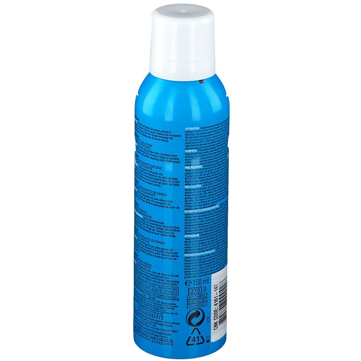 Flacon bleu avec bouchon blanc. Dos avec texte. Inscriptions: La Roche-Posay, Serozinc, 150 ml.