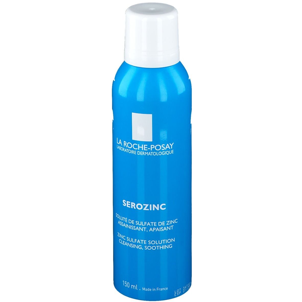 Flacon bleu avec bouchon blanc. Inscriptions: La Roche-Posay, Serozinc, solution de sulfate de zinc. 150 ml.