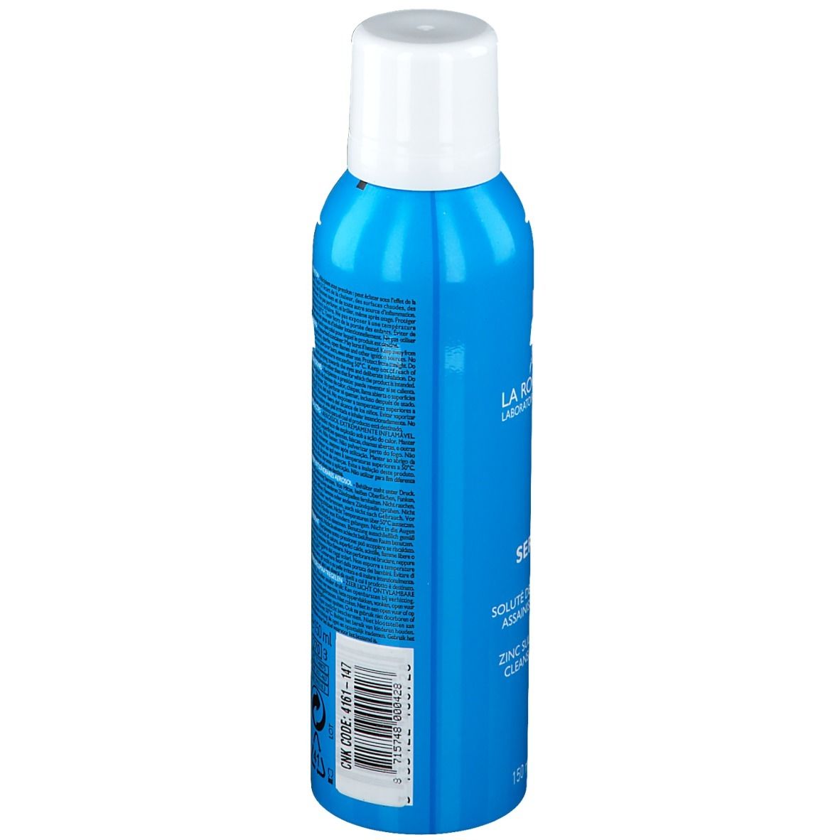Flacon bleu avec bouchon blanc. Dos avec texte. Inscriptions: La Roche-Posay, Serozinc, 150 ml.