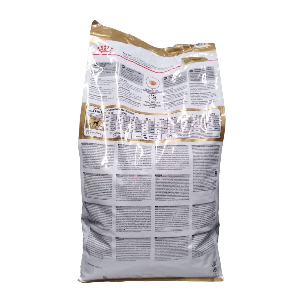 Rückseite einer Hundefutterpackung mit Nährwertangaben und Zusammensetzung.