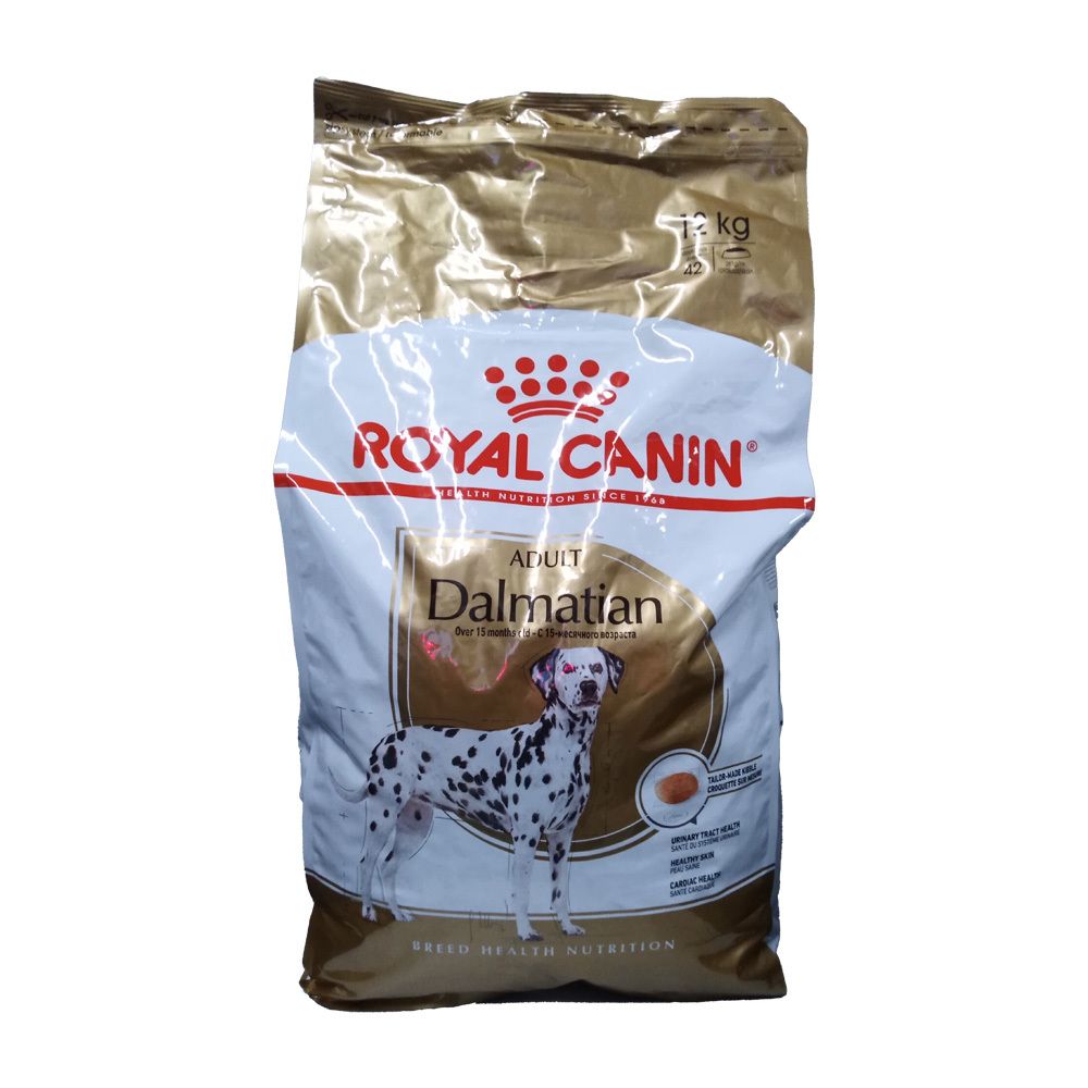 Vorderseite einer Royal Canin Dalmatian Adult Hundefutterpackung mit 12 kg Angabe.