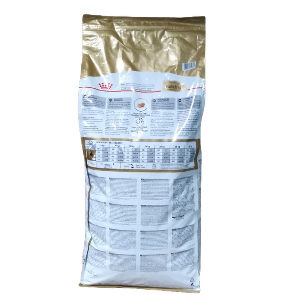 Rückseite eines Royal Canin Adult Bulldog 12 kg Hundefutter-Sacks mit Nährwertangaben.