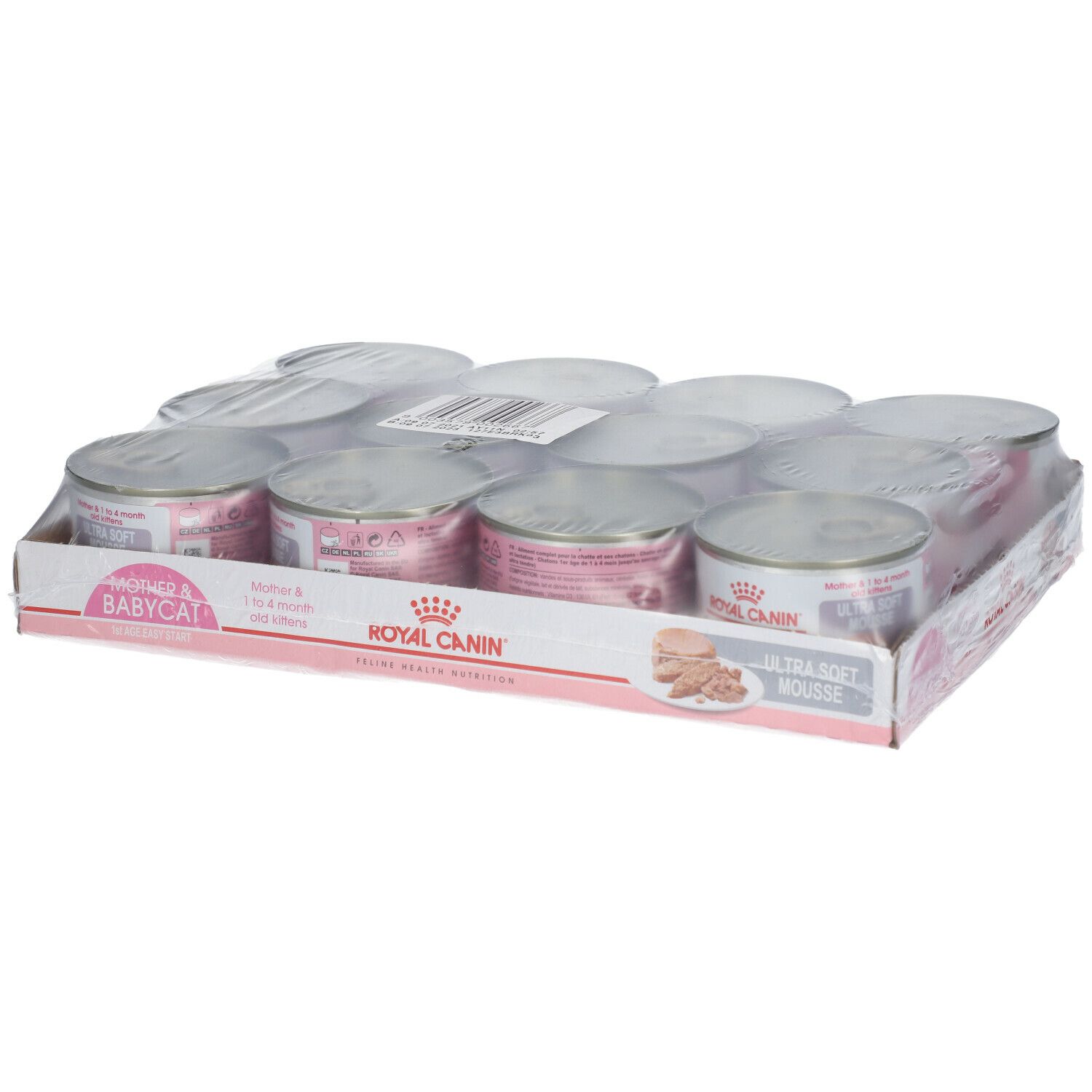 Lot de 12 boîtes de nourriture pour chat. Étiquettes roses avec texte et logo. Film plastique transparent enveloppant les boîtes.