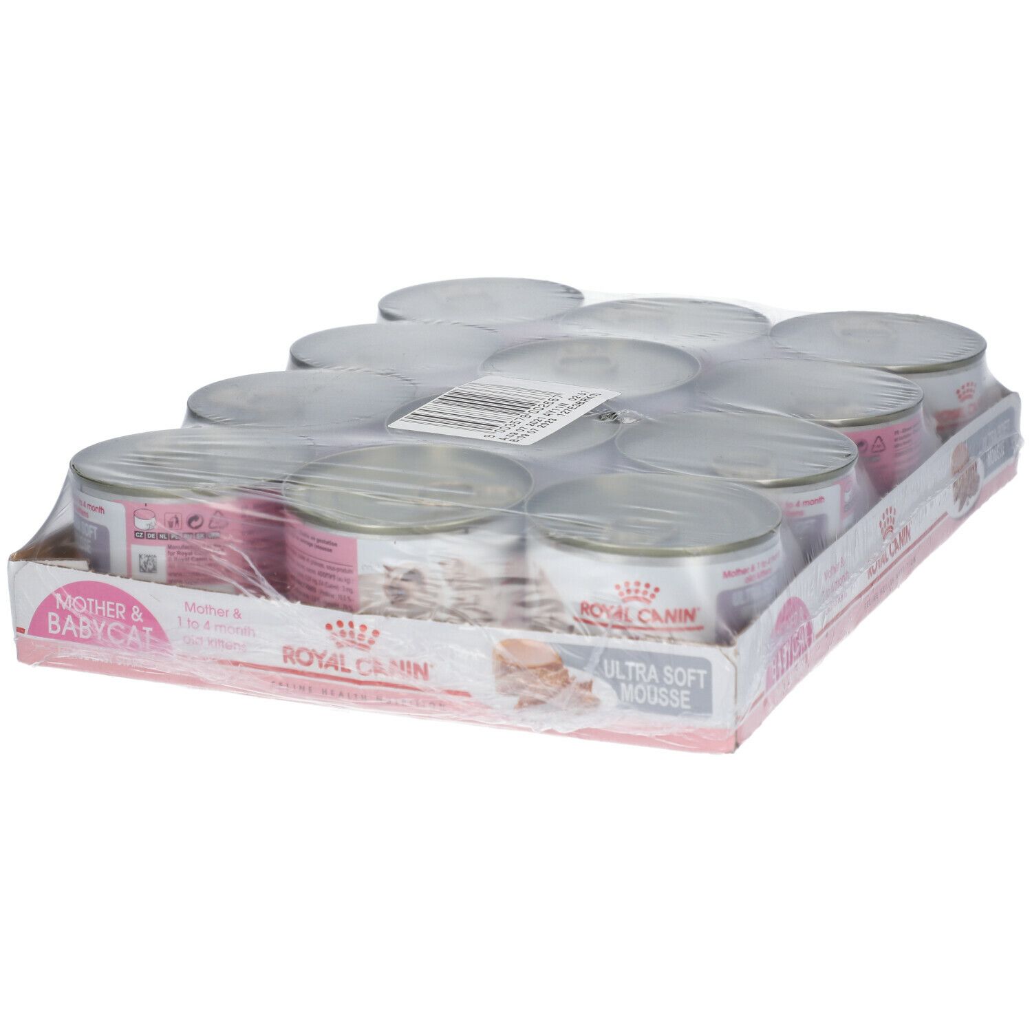 Lot de 12 boîtes de nourriture pour chat. Étiquettes roses avec texte et logo. Film plastique transparent enveloppant les boîtes.