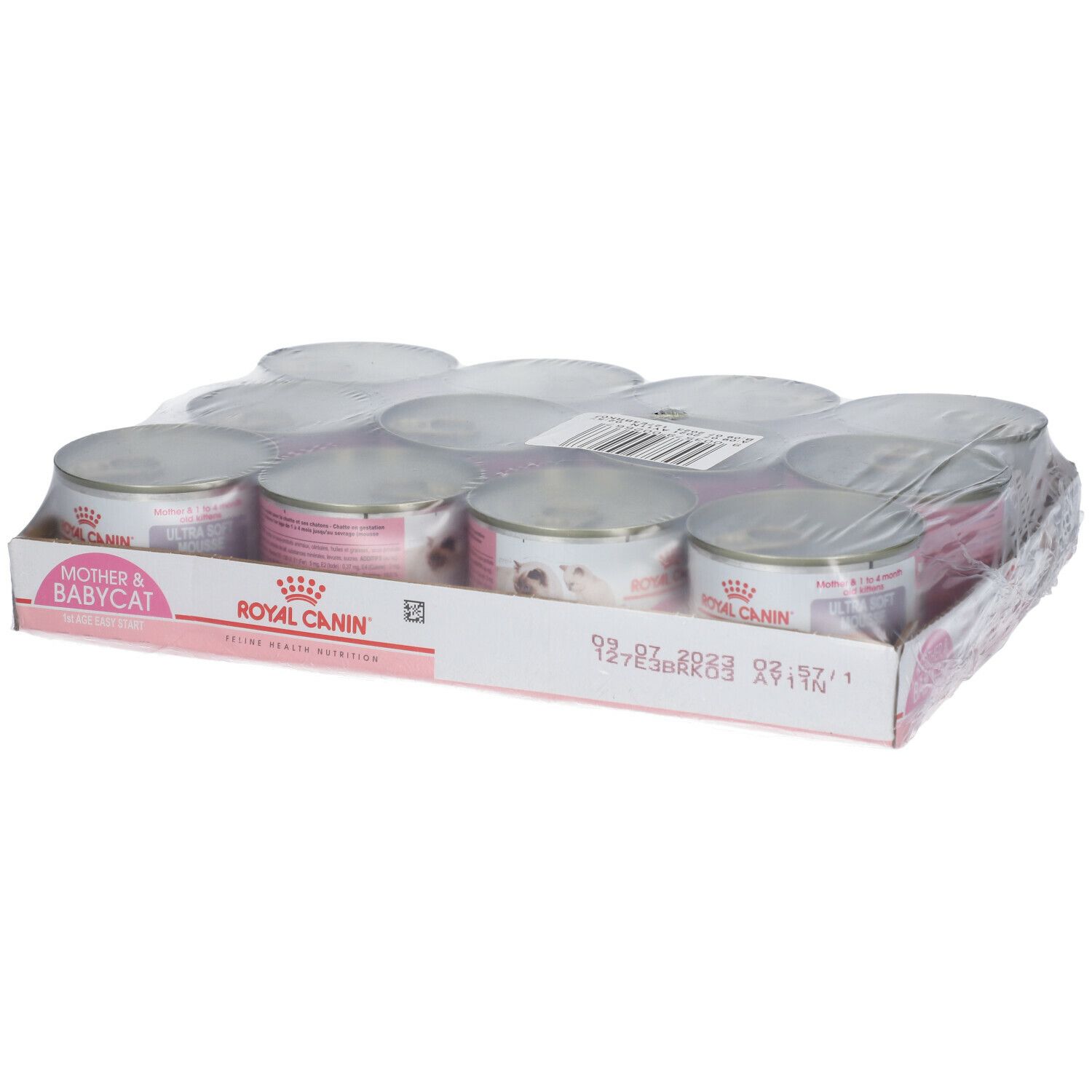 Lot de 12 boîtes de nourriture pour chat. Étiquettes roses avec texte et logo. Film plastique transparent enveloppant les boîtes.